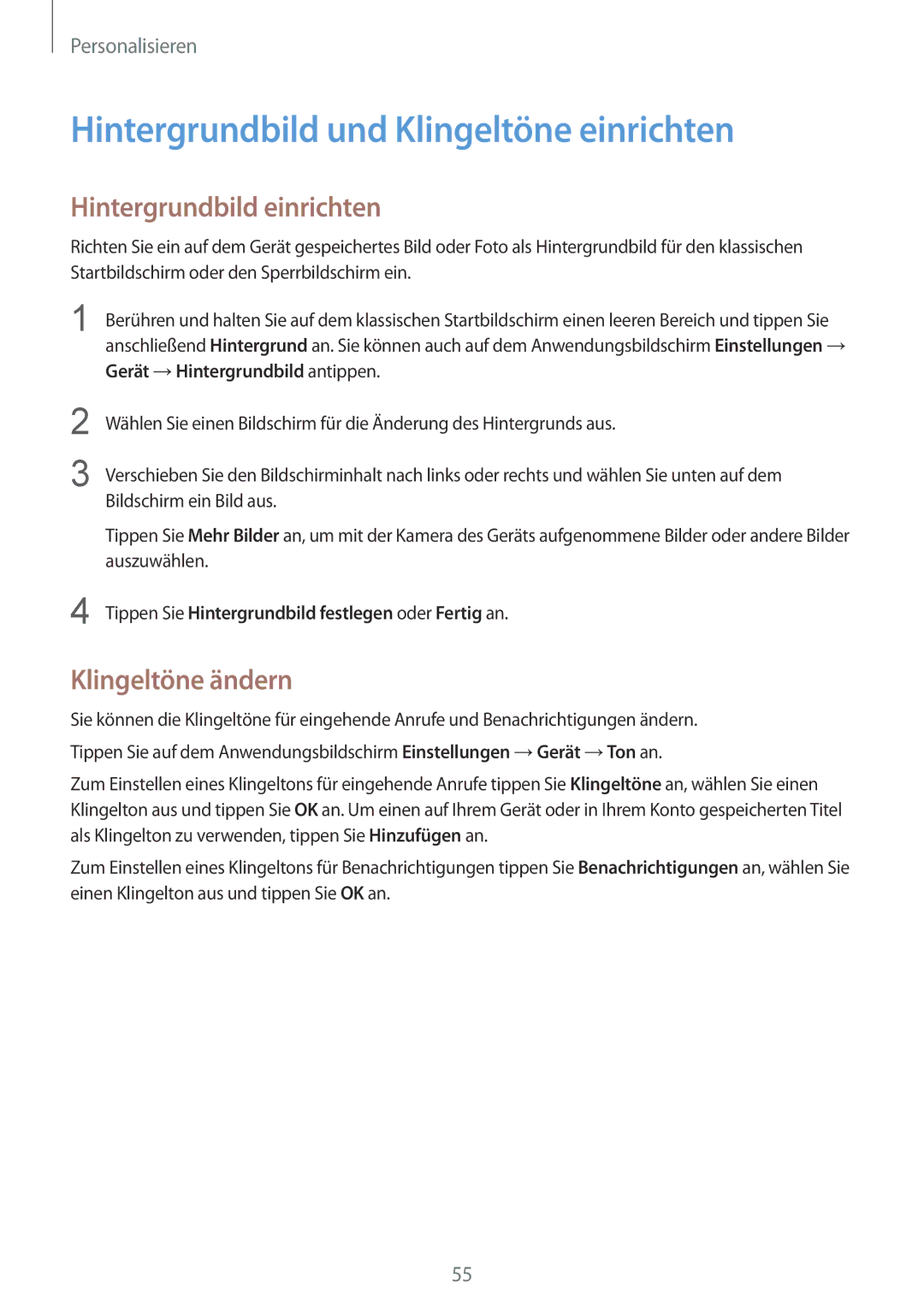 Samsung SM-T805NZWADBT manual Hintergrundbild und Klingeltöne einrichten, Hintergrundbild einrichten, Klingeltöne ändern 