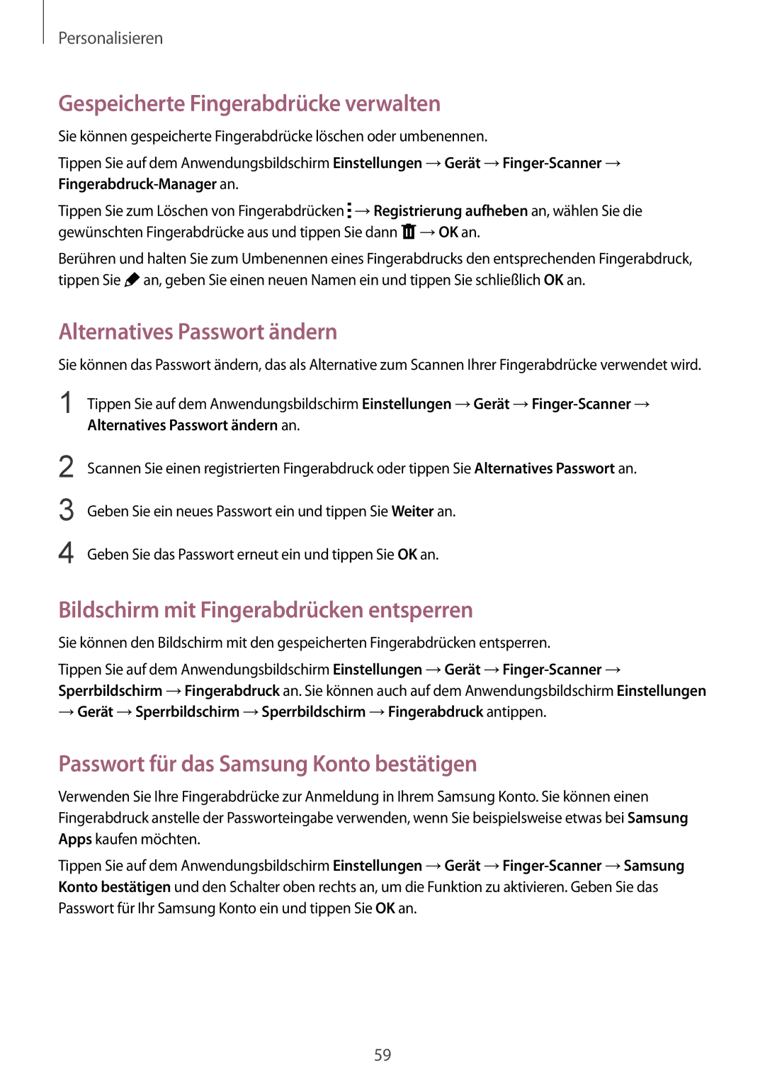 Samsung SM-T805NTSATPH, SM-T805NZWAXEO, SM-T805NZWAATO Gespeicherte Fingerabdrücke verwalten, Alternatives Passwort ändern 