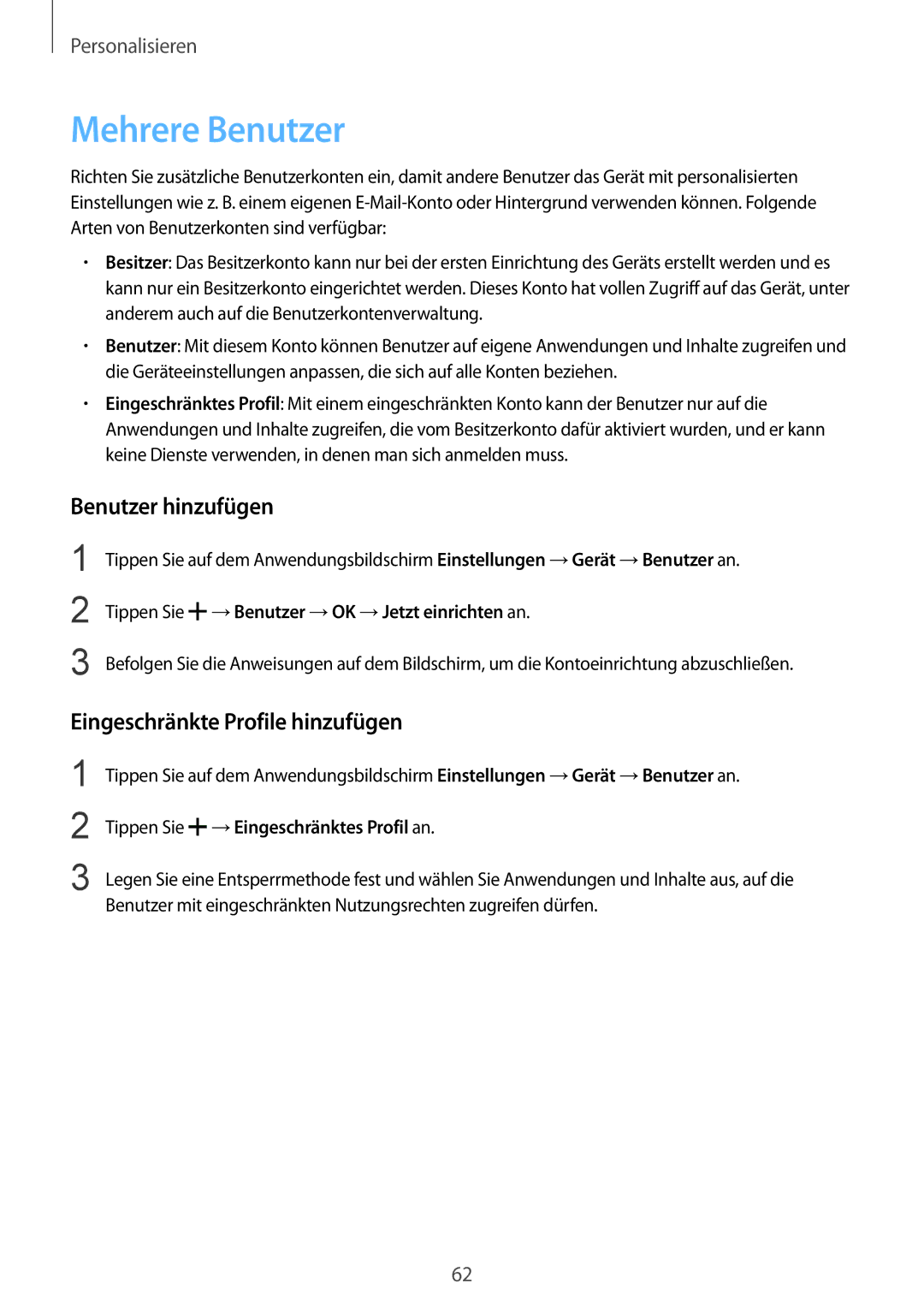 Samsung SM-T805NZWAEUR, SM-T805NZWAXEO manual Mehrere Benutzer, Benutzer hinzufügen, Eingeschränkte Profile hinzufügen 