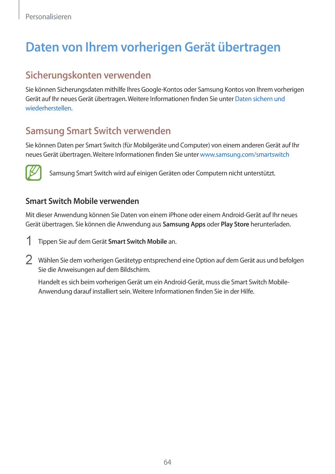 Samsung SM-T805NTSASEB, SM-T805NZWAXEO manual Daten von Ihrem vorherigen Gerät übertragen, Sicherungskonten verwenden 