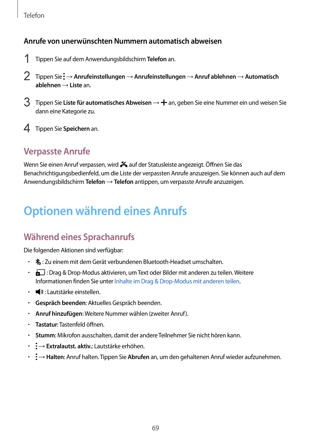 Samsung SM-T805NTSAVD2 Optionen während eines Anrufs, Verpasste Anrufe, Während eines Sprachanrufs, Ablehnen →Liste an 