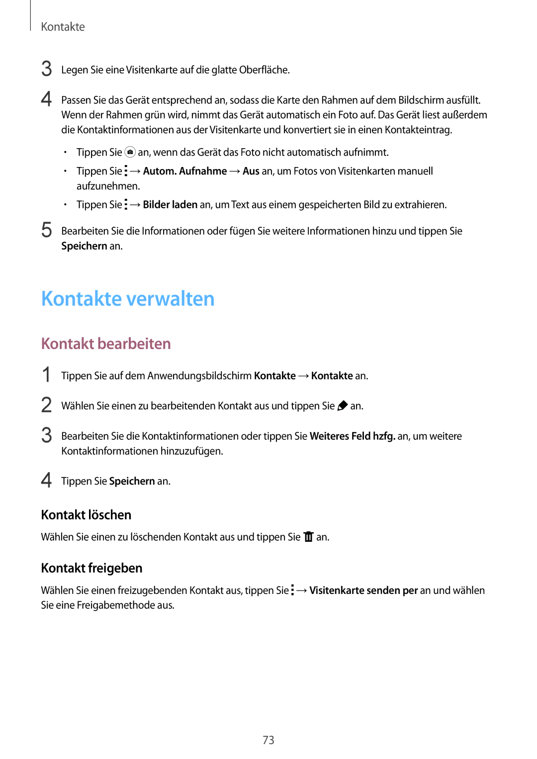 Samsung SM-T805NTSADBT, SM-T805NZWAXEO manual Kontakte verwalten, Kontakt bearbeiten, Kontakt löschen, Kontakt freigeben 