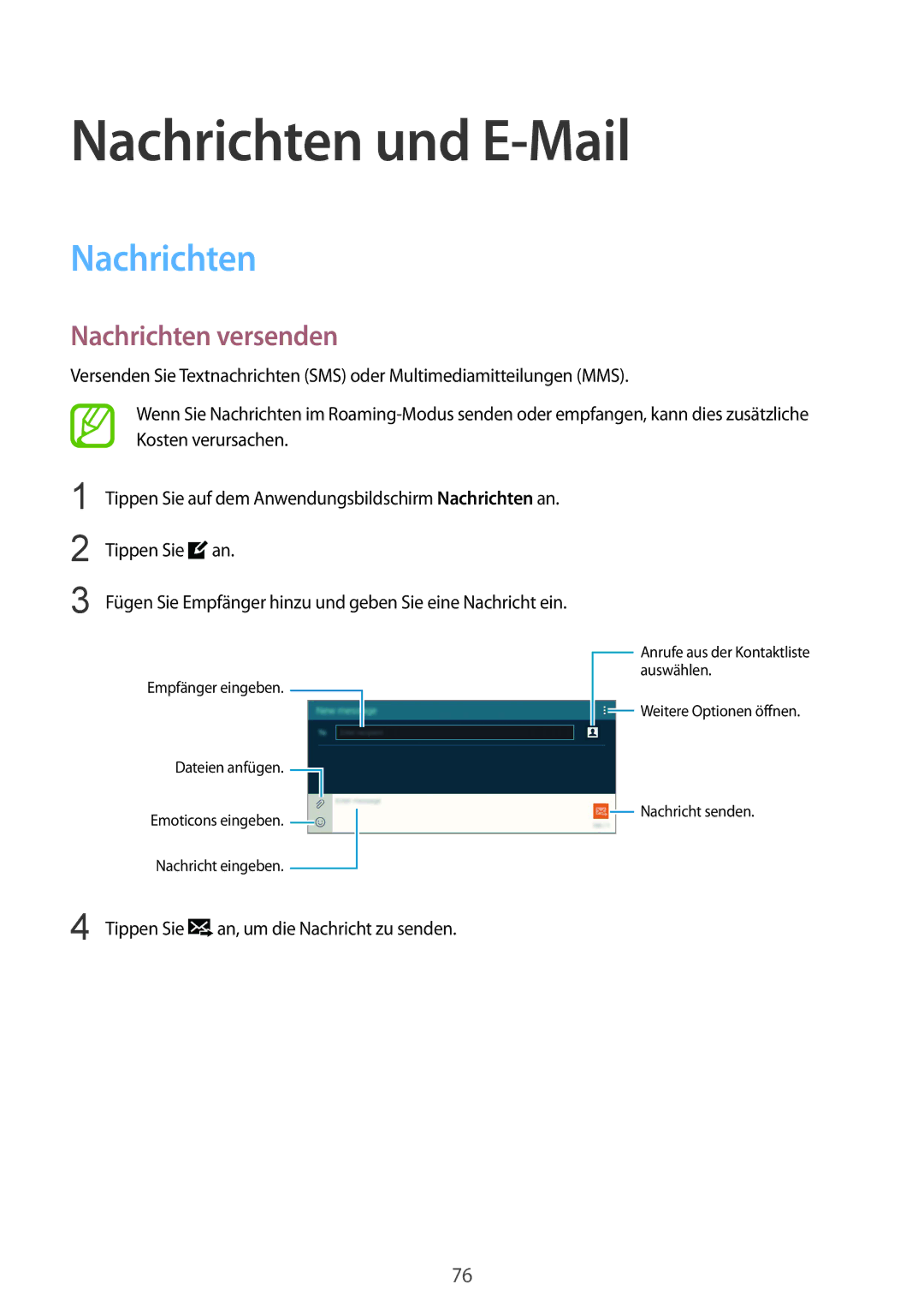 Samsung SM-T805NZWATPH, SM-T805NZWAXEO, SM-T805NZWAATO, SM-T805NTSAATO manual Nachrichten und E-Mail, Nachrichten versenden 