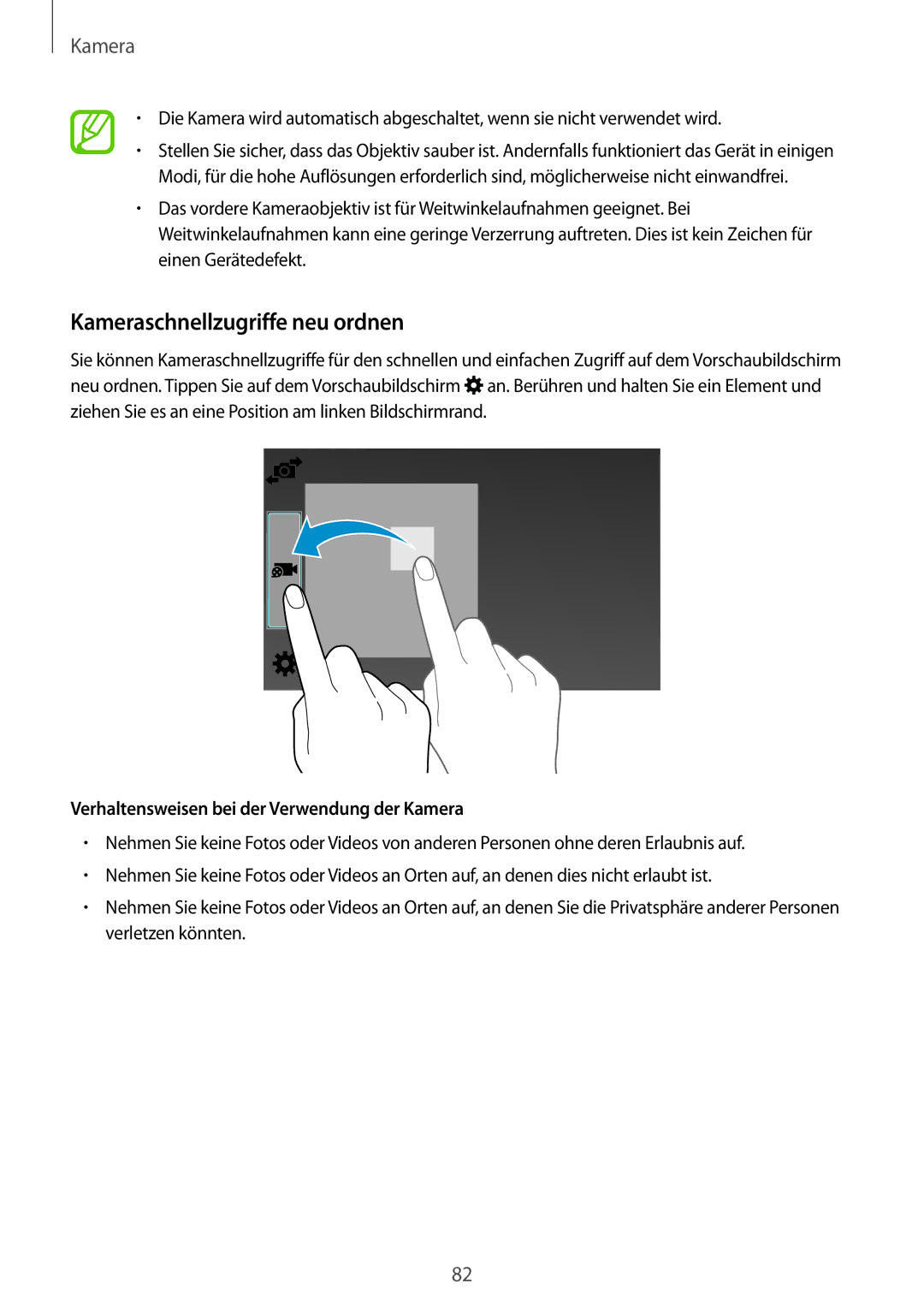 Samsung SM-T805NTSAVD2, SM-T805NZWAXEO Kameraschnellzugriffe neu ordnen, Verhaltensweisen bei der Verwendung der Kamera 