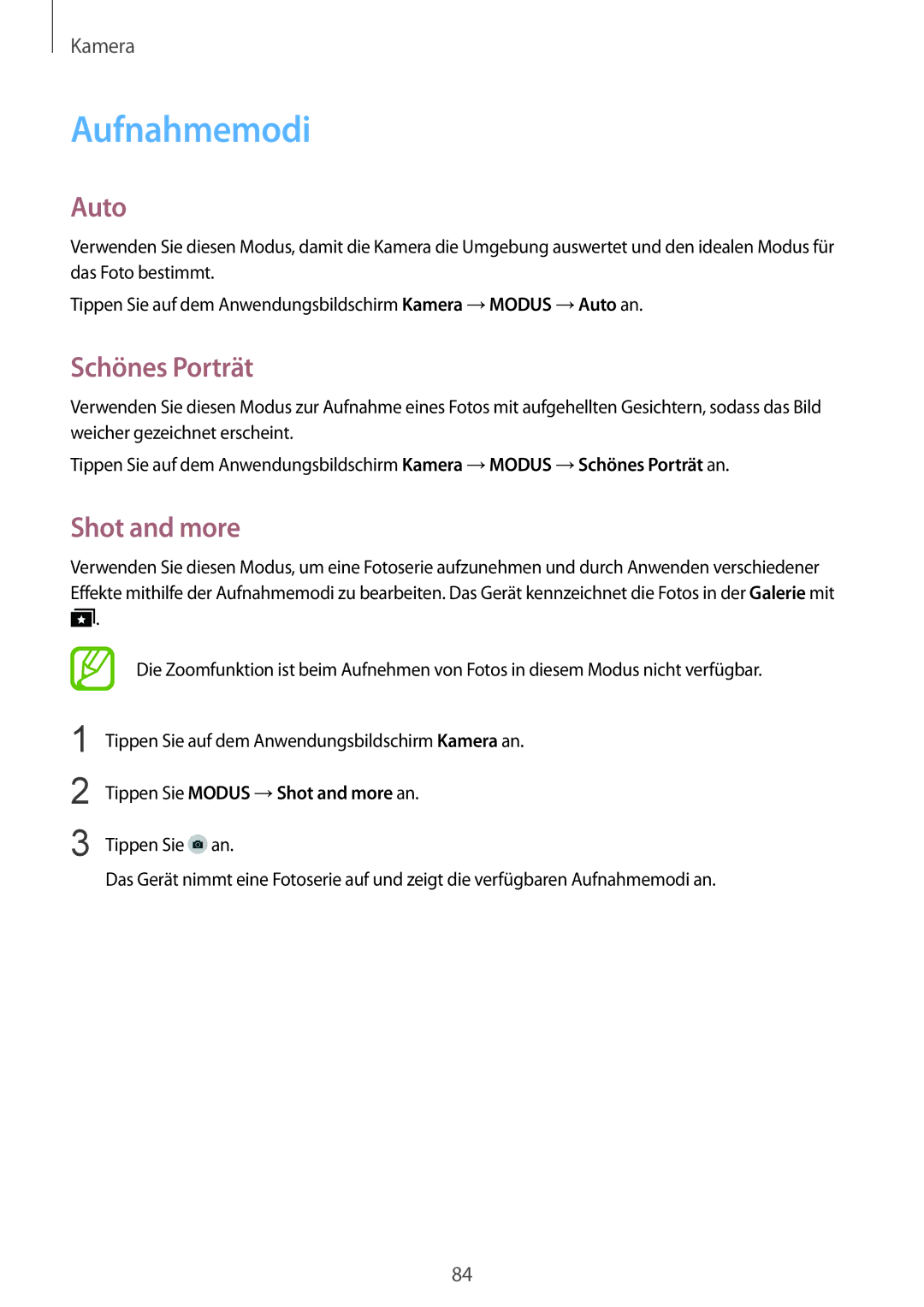 Samsung SM-T805NZWASEB, SM-T805NZWAXEO manual Aufnahmemodi, Auto, Schönes Porträt, Tippen Sie Modus →Shot and more an 