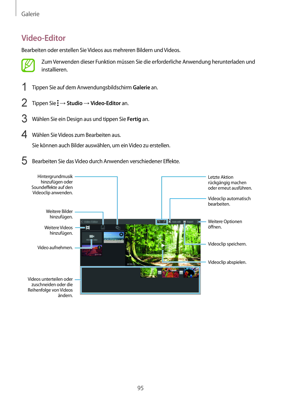 Samsung SM-T805NTSAVD2, SM-T805NZWAXEO, SM-T805NZWAATO, SM-T805NTSAATO manual Tippen Sie →Studio →Video-Editor an 