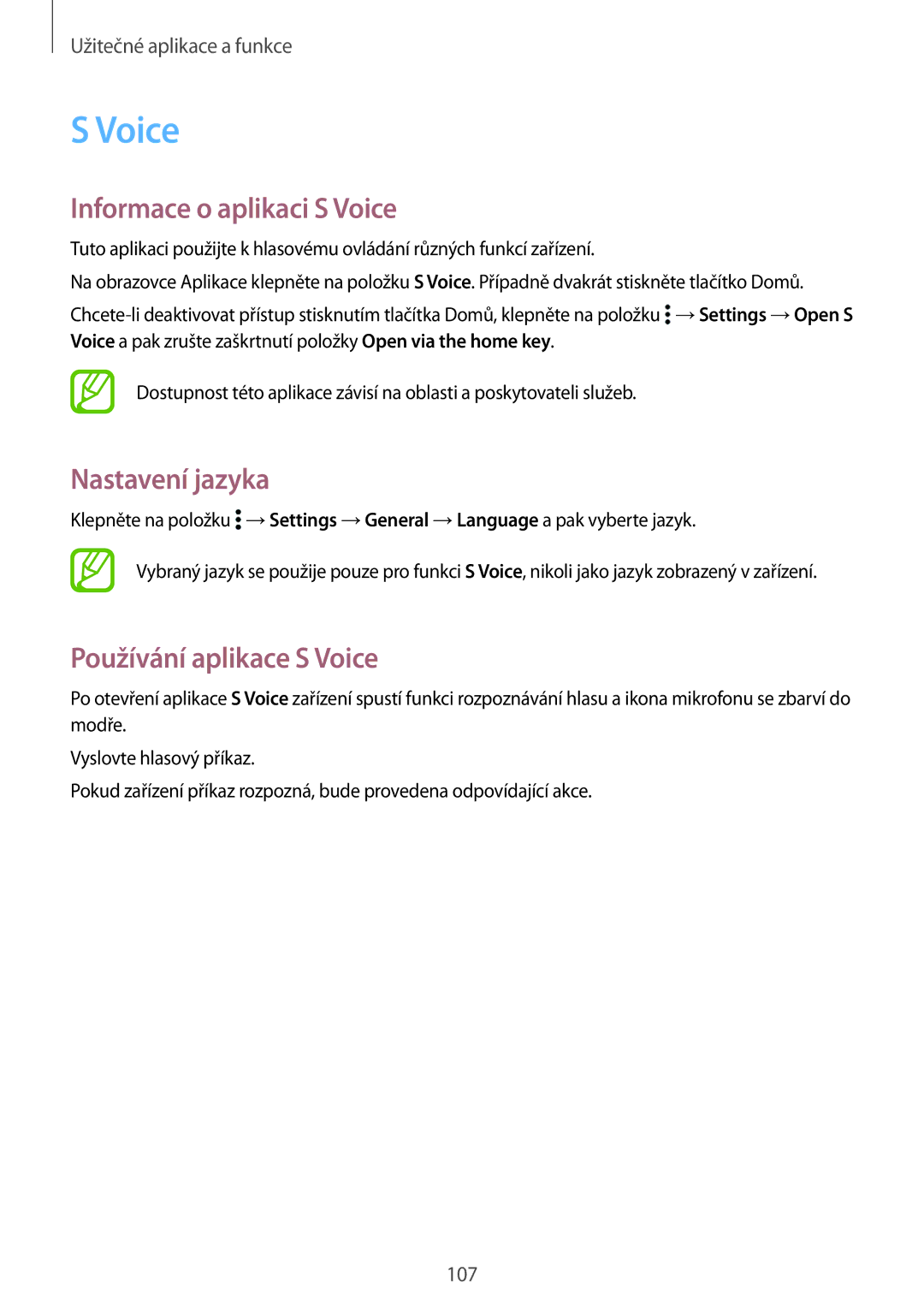 Samsung SM-T805NTSATMH, SM-T805NZWAXEO manual Informace o aplikaci S Voice, Nastavení jazyka, Používání aplikace S Voice 