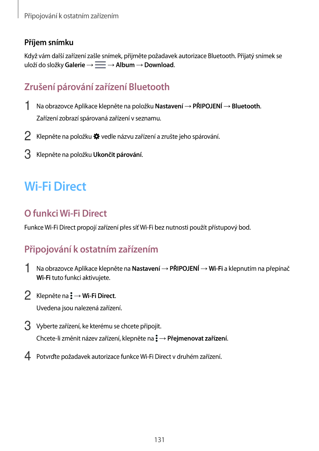 Samsung SM-T805NZWAEUR Zrušení párování zařízení Bluetooth, Funkci Wi-Fi Direct, Připojování k ostatním zařízením 