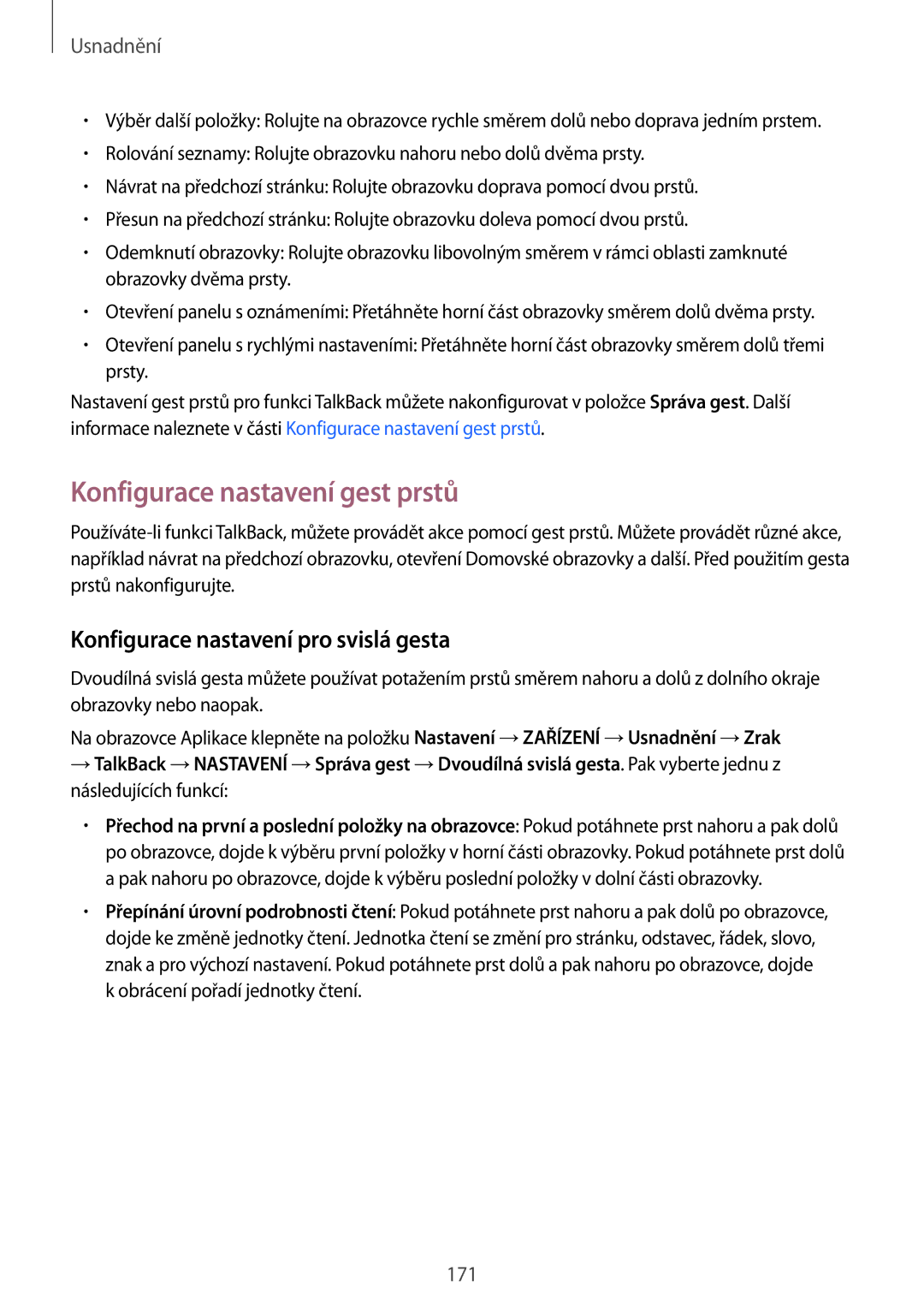 Samsung SM-T805NTSATMH, SM-T805NZWAXEO manual Konfigurace nastavení gest prstů, Konfigurace nastavení pro svislá gesta 