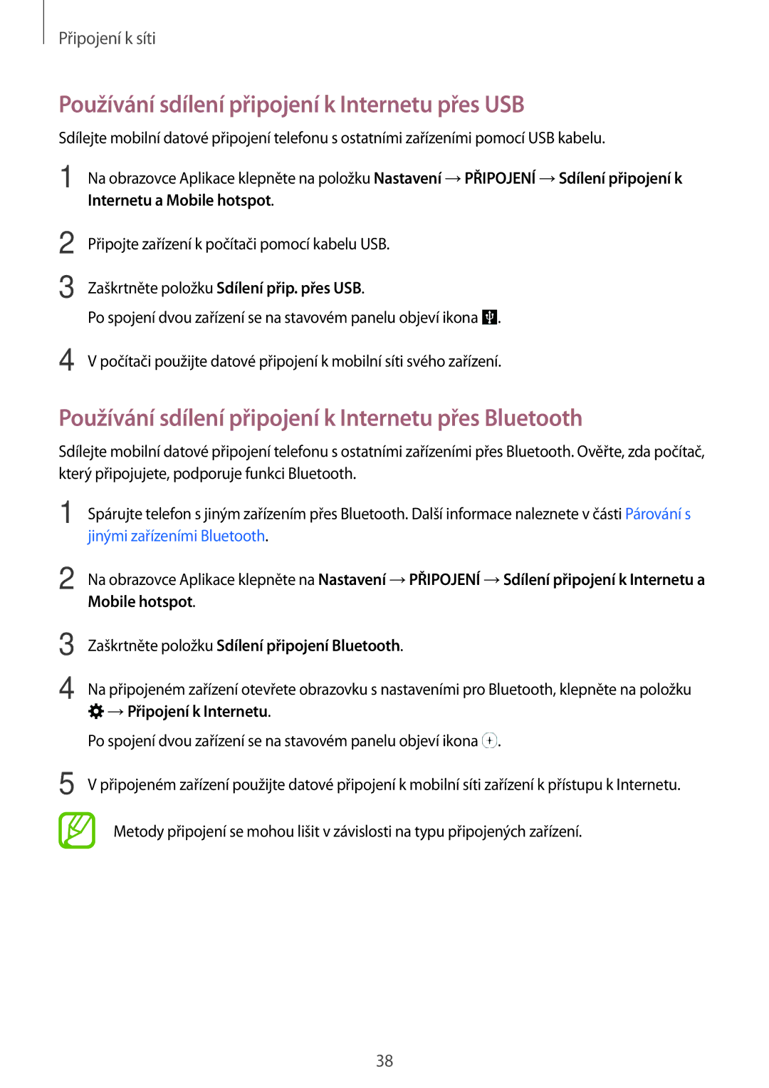 Samsung SM-T805NTSAPAN, SM-T805NZWAXEO manual Používání sdílení připojení k Internetu přes USB, Internetu a Mobile hotspot 