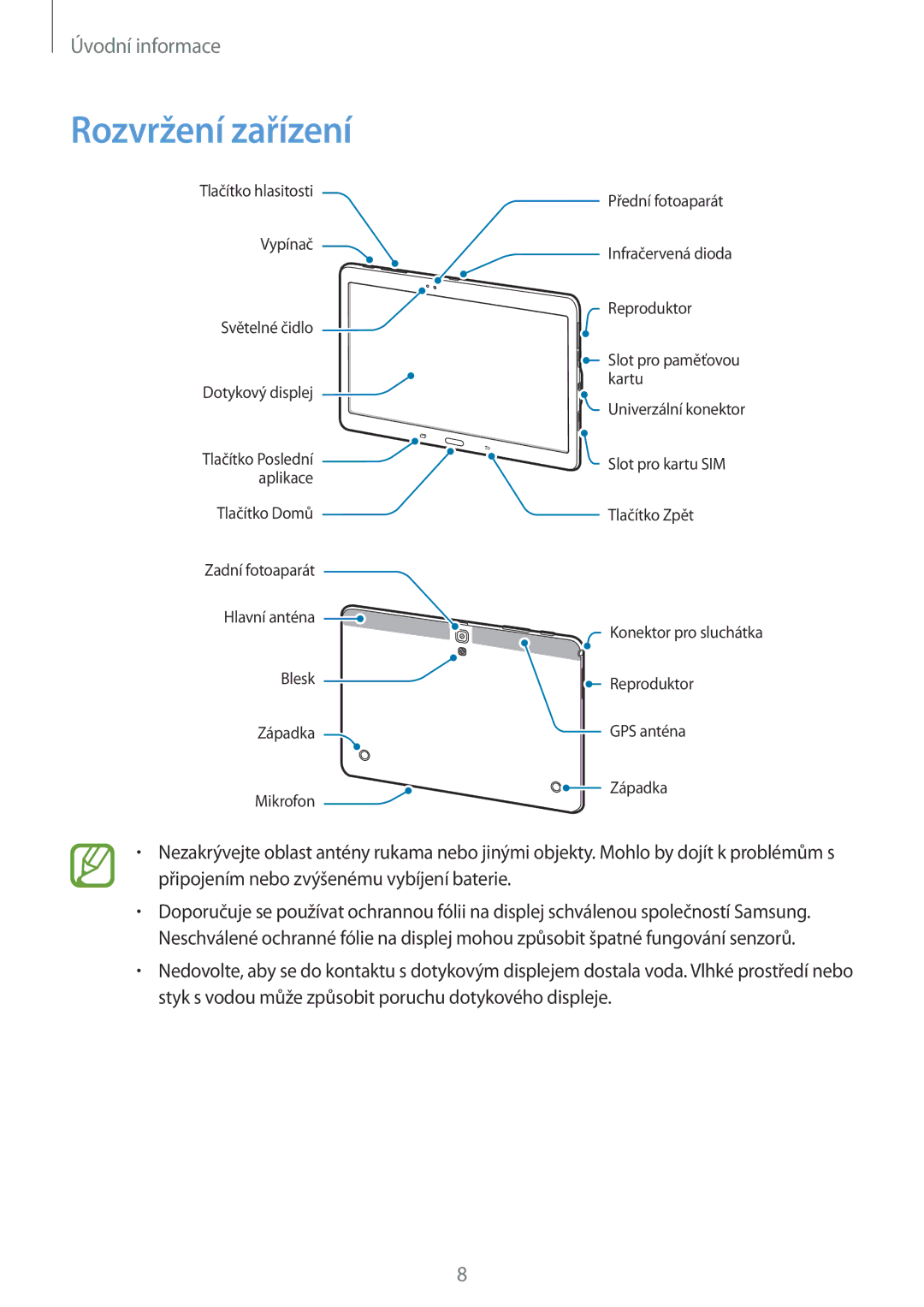 Samsung SM-T805NTSAVDC, SM-T805NZWAXEO, SM-T805NZWAATO, SM-T805NTSAATO, SM-T805NZWAEUR, SM-T805NTSAXEH manual Rozvržení zařízení 