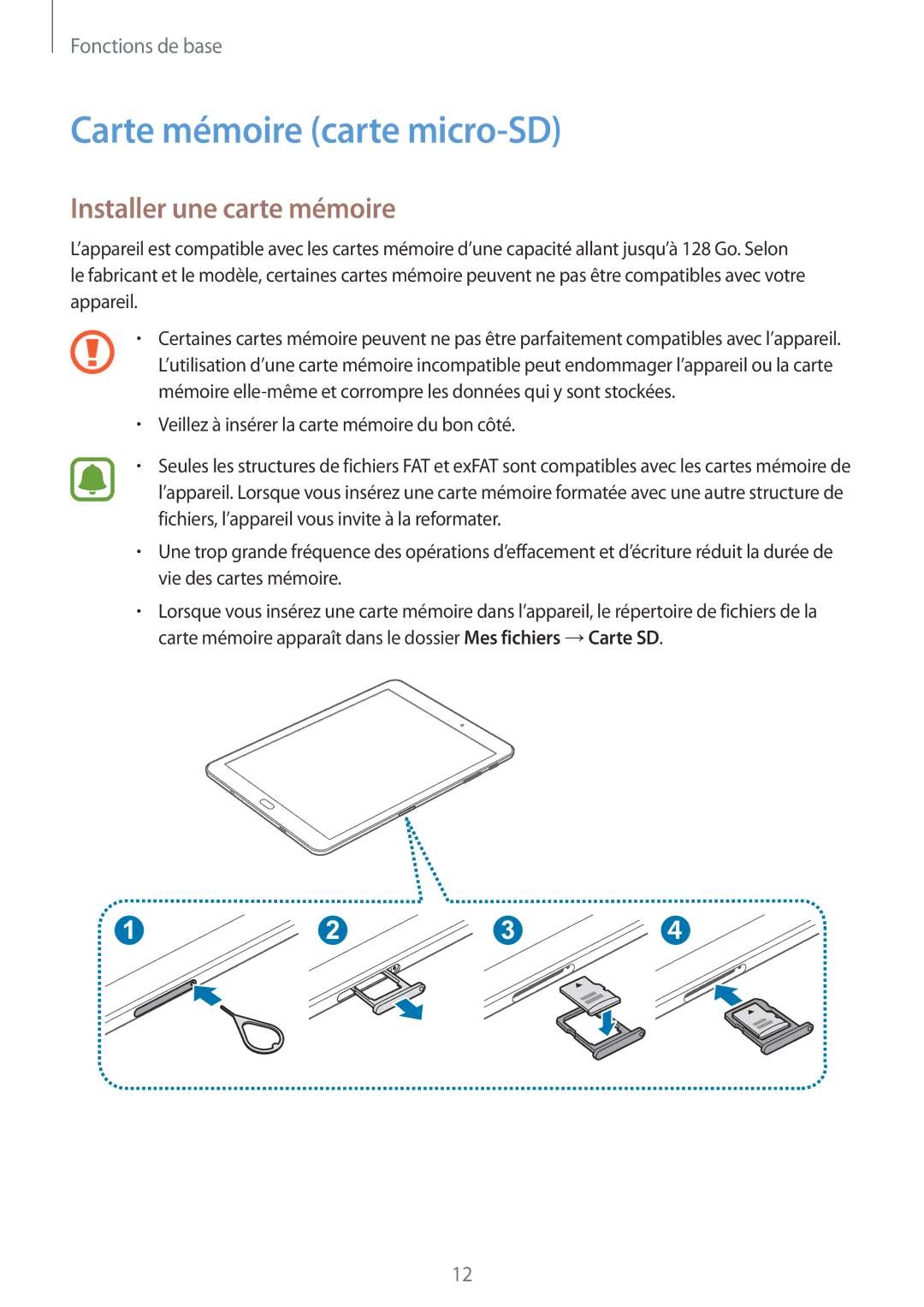 Samsung SM-T810NZDEXEF, SM-T710NZWEXEF, SM-T810NZKEXEF manual Carte mémoire carte micro-SD, Installer une carte mémoire 