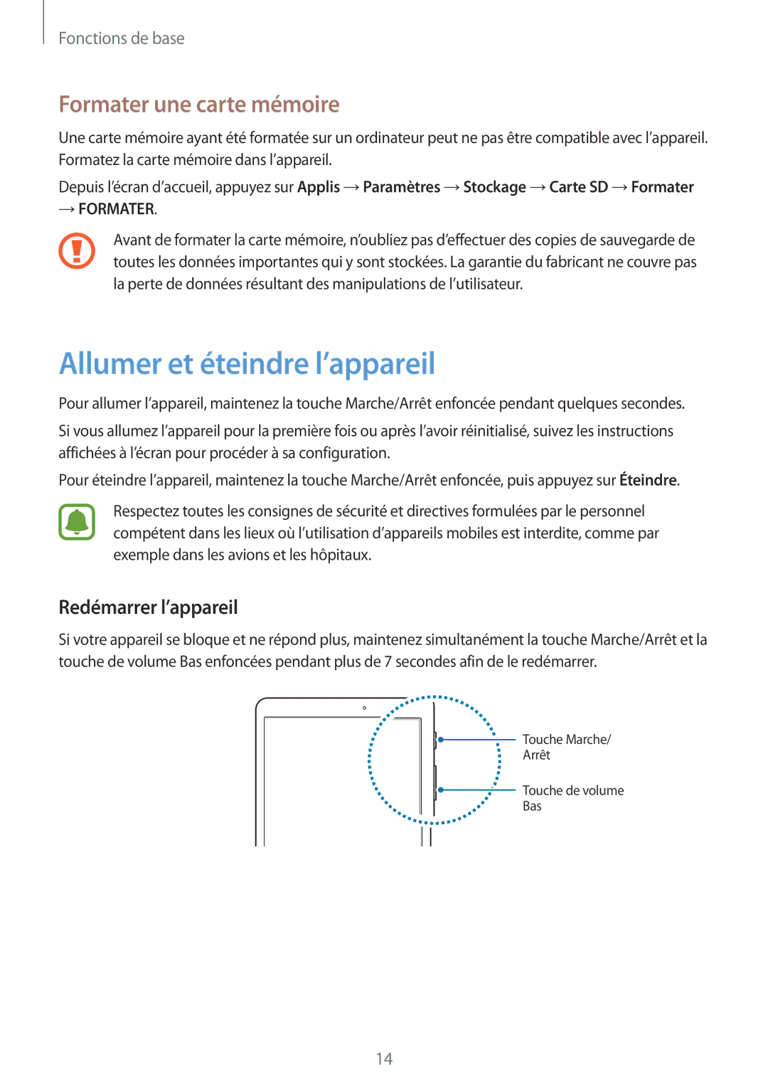 Samsung SM-T810NZKEXEF, SM-T810NZDEXEF Allumer et éteindre l’appareil, Formater une carte mémoire, Redémarrer l’appareil 