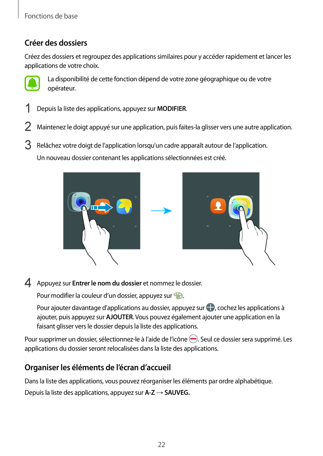 Samsung SM-T810NZWFXEF, SM-T810NZDEXEF, SM-T710NZWEXEF, SM-T810NZKEXEF manual Organiser les éléments de l’écran d’accueil 