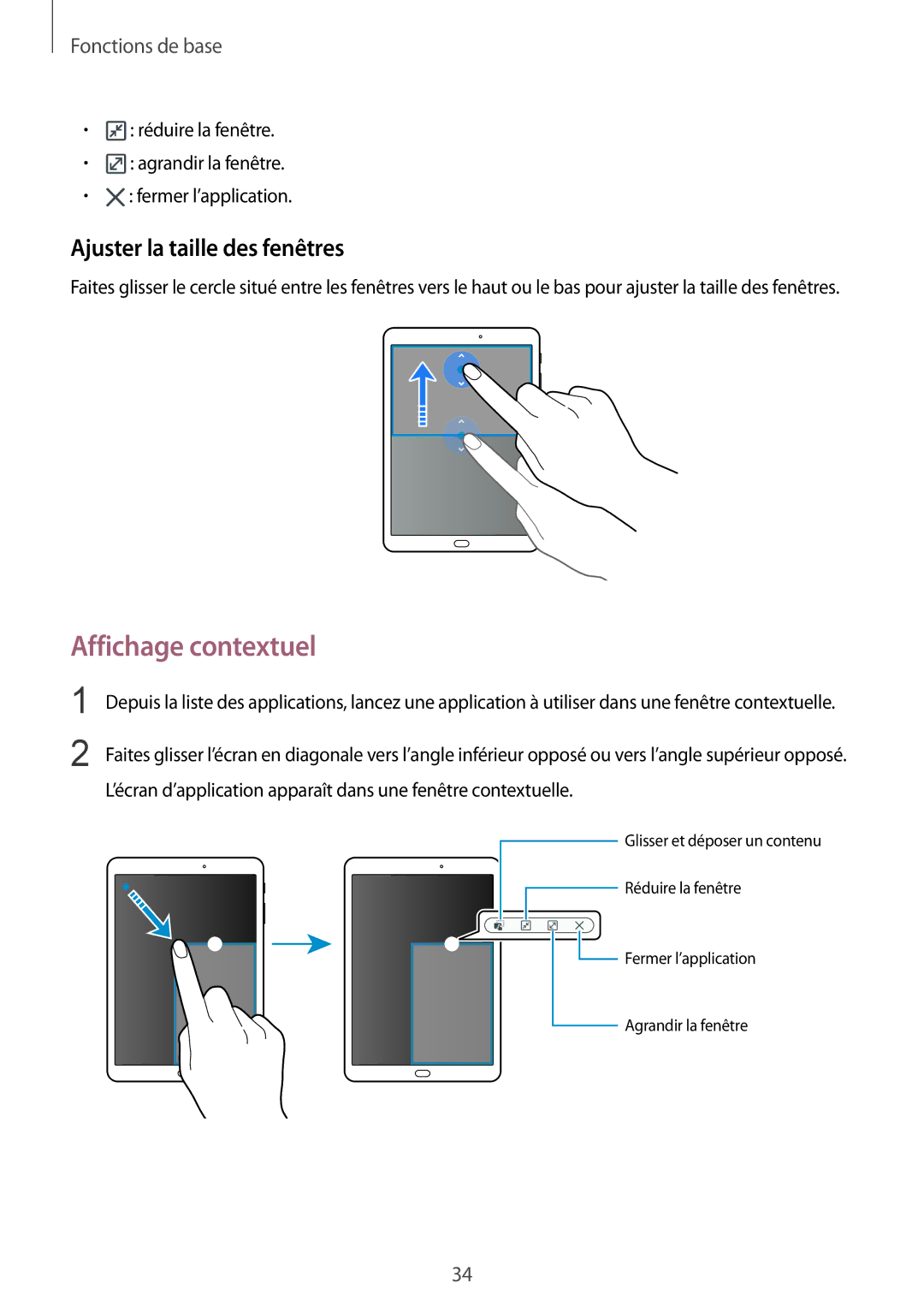 Samsung SM-T810NZWFXEF, SM-T810NZDEXEF, SM-T710NZWEXEF, SM-T810NZKEXEF Affichage contextuel, Ajuster la taille des fenêtres 