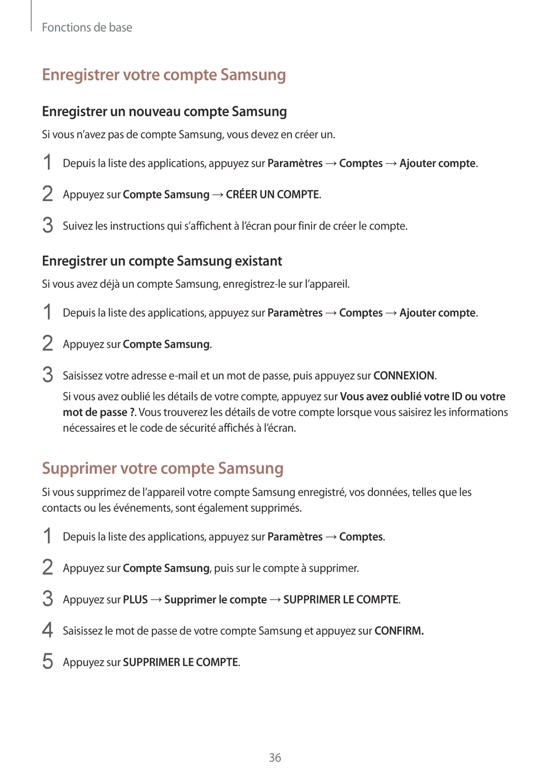 Samsung SM-T810NZDEXEF, SM-T710NZWEXEF, SM-T810NZKEXEF Enregistrer votre compte Samsung, Supprimer votre compte Samsung 