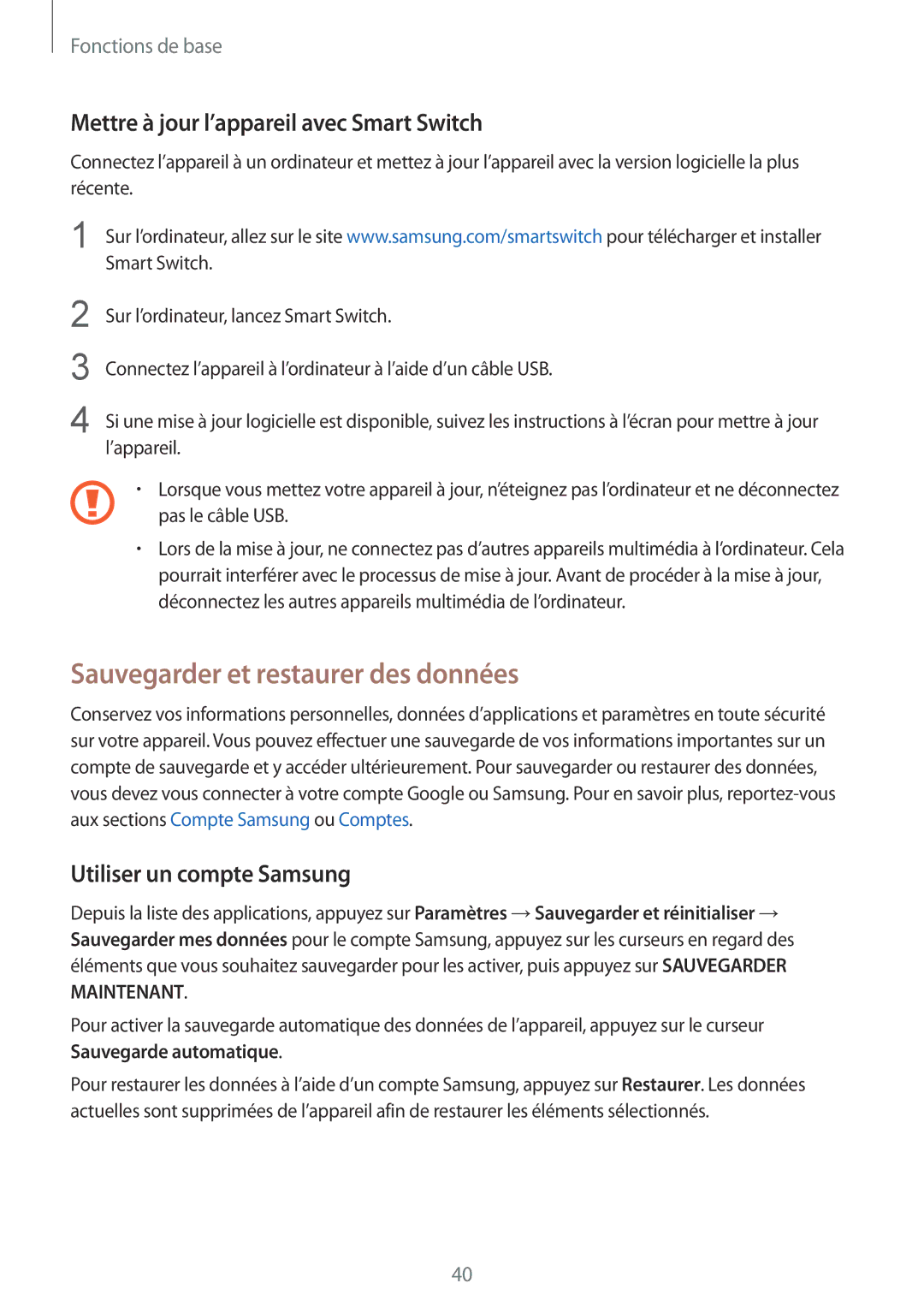 Samsung SM-T810NZWFXEF, SM-T810NZDEXEF Sauvegarder et restaurer des données, Mettre à jour l’appareil avec Smart Switch 