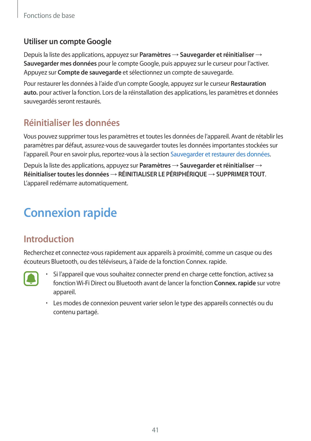 Samsung SM-T710NZKEXEF, SM-T810NZDEXEF manual Connexion rapide, Réinitialiser les données, Utiliser un compte Google 