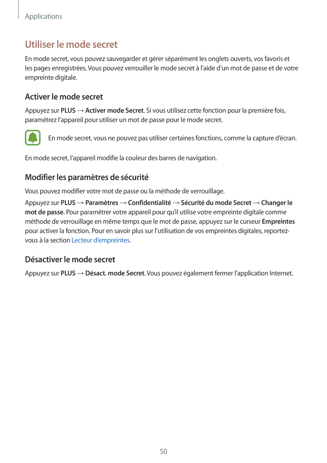 Samsung SM-T810NZKEXEF manual Utiliser le mode secret, Activer le mode secret, Modifier les paramètres de sécurité 