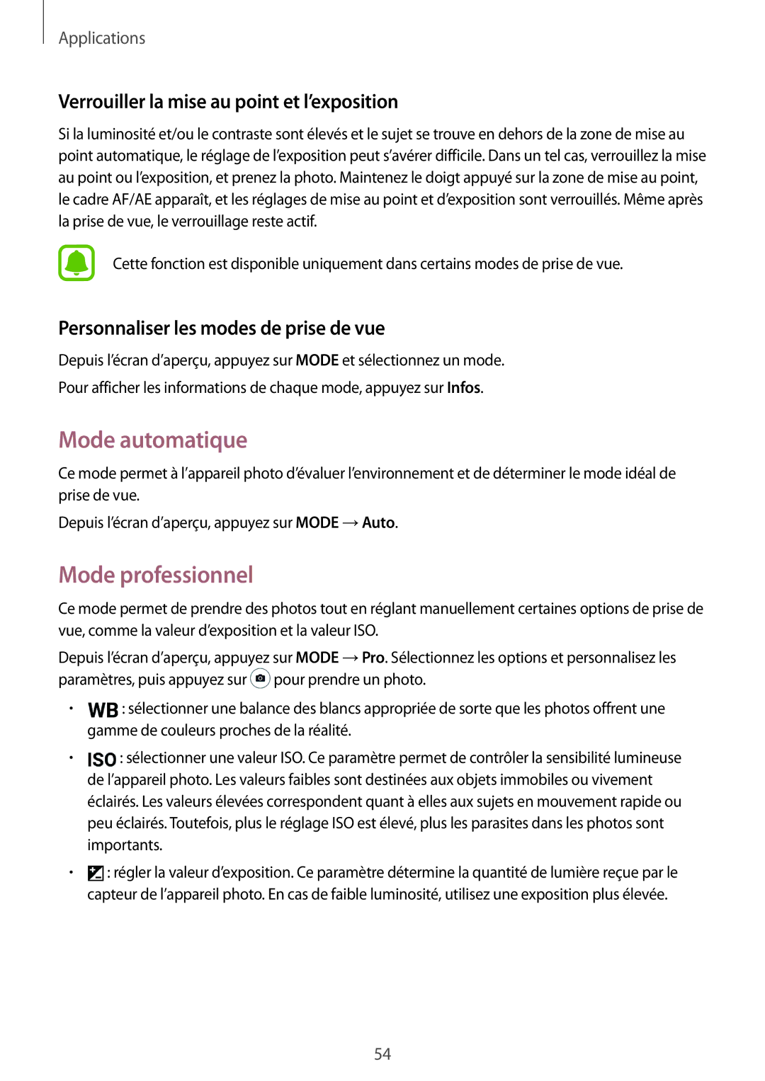 Samsung SM-T810NZDEXEF, SM-T710NZWEXEF Mode automatique, Mode professionnel, Verrouiller la mise au point et l’exposition 