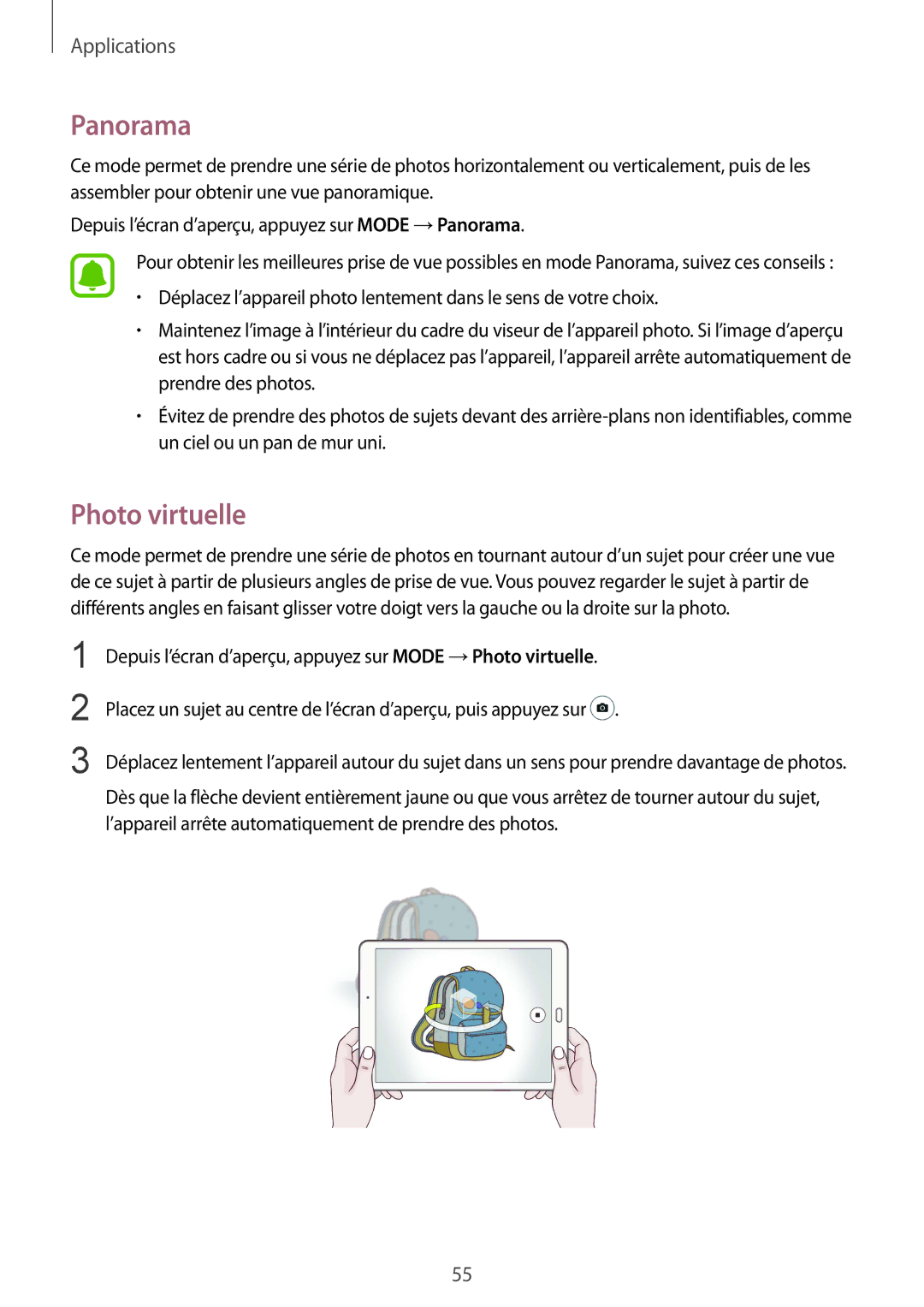 Samsung SM-T710NZWEXEF, SM-T810NZDEXEF, SM-T810NZKEXEF, SM-T810NZWEXEF, SM-T810NZWFXEF manual Panorama, Photo virtuelle 