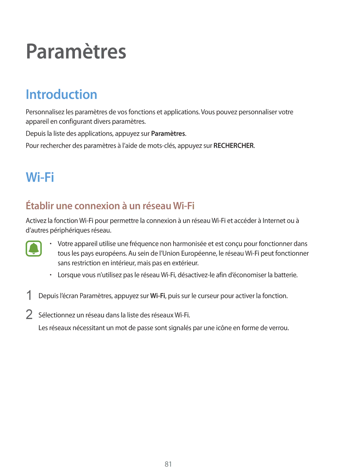 Samsung SM-T810NZWEXEF, SM-T810NZDEXEF, SM-T710NZWEXEF manual Introduction, Établir une connexion à un réseau Wi-Fi 