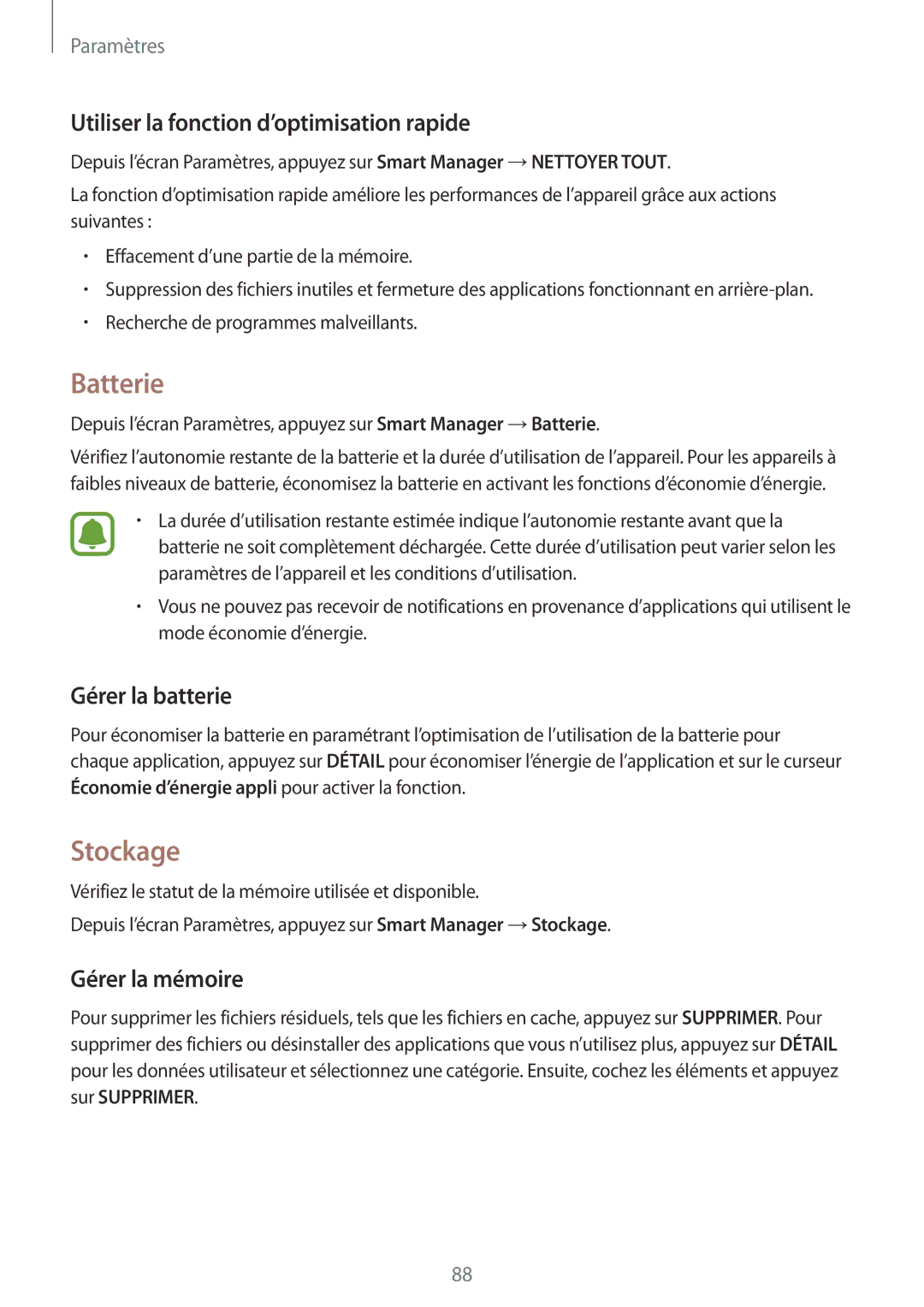 Samsung SM-T810NZWFXEF Batterie, Stockage, Utiliser la fonction d’optimisation rapide, Gérer la batterie, Gérer la mémoire 