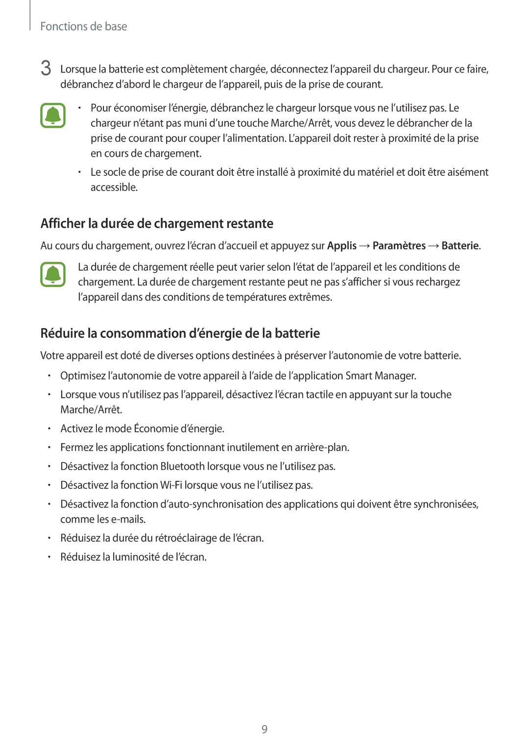 Samsung SM-T810NZWEXEF manual Afficher la durée de chargement restante, Réduire la consommation d’énergie de la batterie 