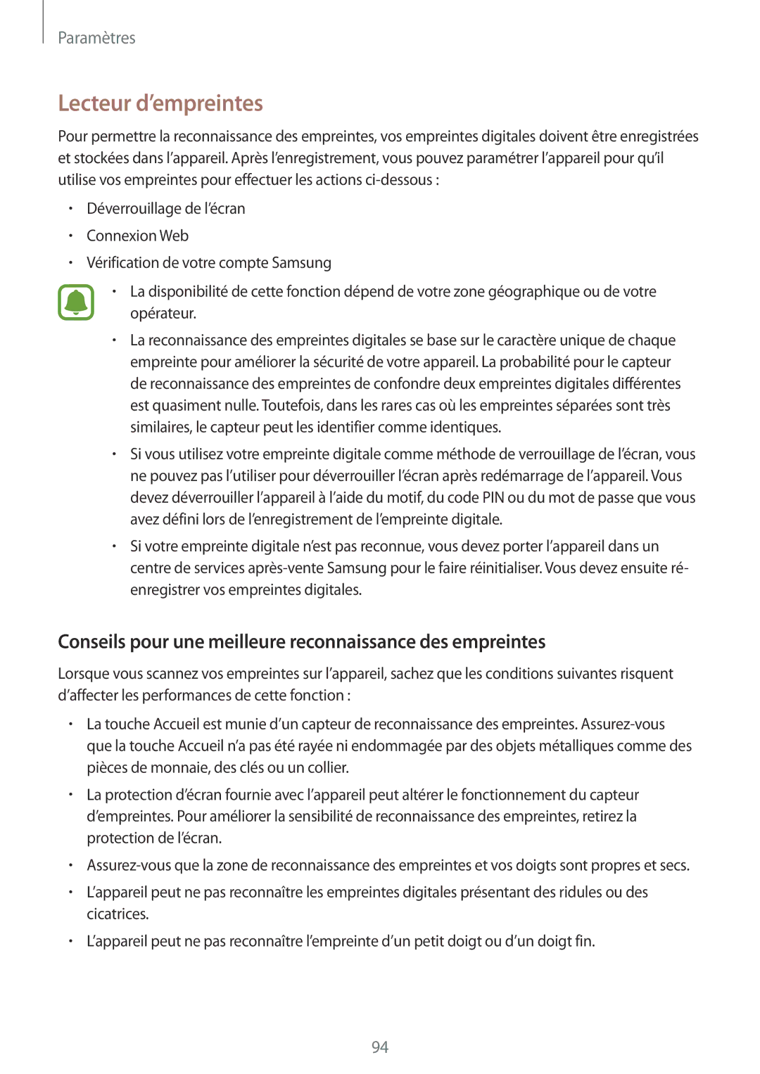 Samsung SM-T810NZWFXEF, SM-T810NZDEXEF Lecteur d’empreintes, Conseils pour une meilleure reconnaissance des empreintes 