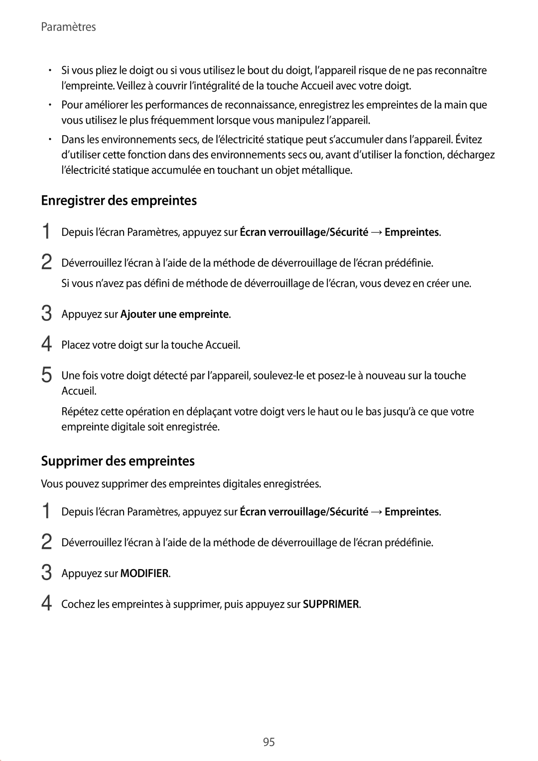 Samsung SM-T710NZKEXEF, SM-T810NZDEXEF, SM-T710NZWEXEF, SM-T810NZKEXEF Enregistrer des empreintes, Supprimer des empreintes 