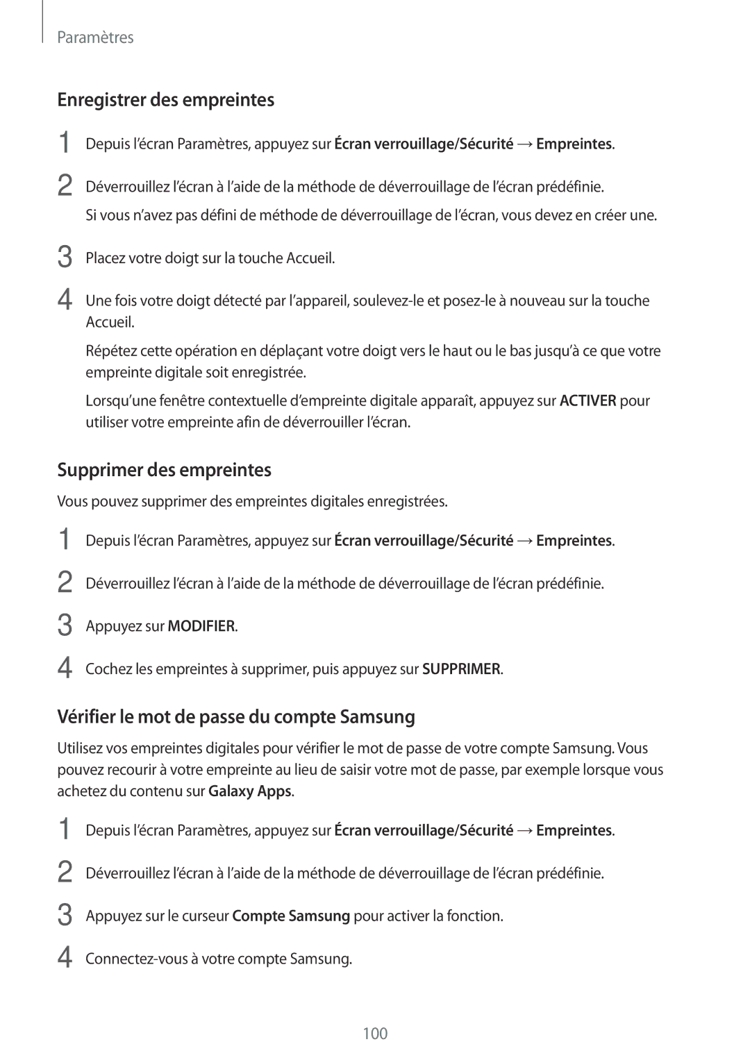 Samsung SM-T810NZWFXEF Enregistrer des empreintes, Supprimer des empreintes, Vérifier le mot de passe du compte Samsung 