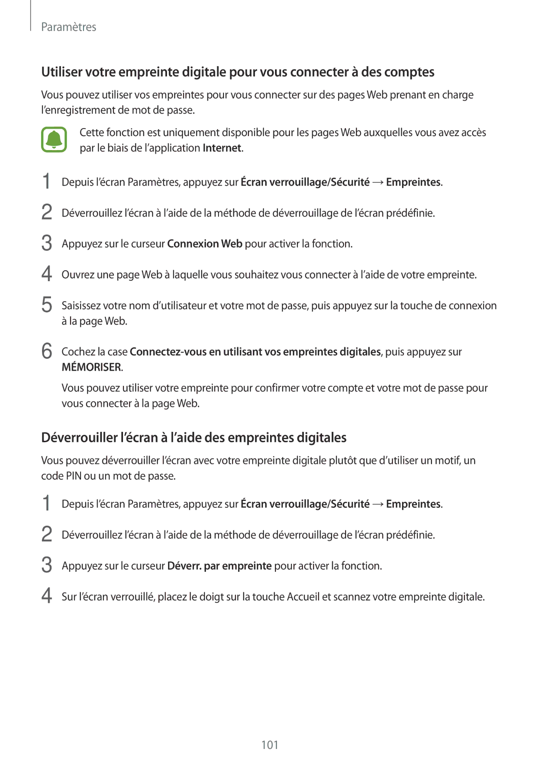 Samsung SM-T710NZKEXEF, SM-T810NZDEXEF, SM-T710NZWEXEF Déverrouiller l’écran à l’aide des empreintes digitales, Mémoriser 
