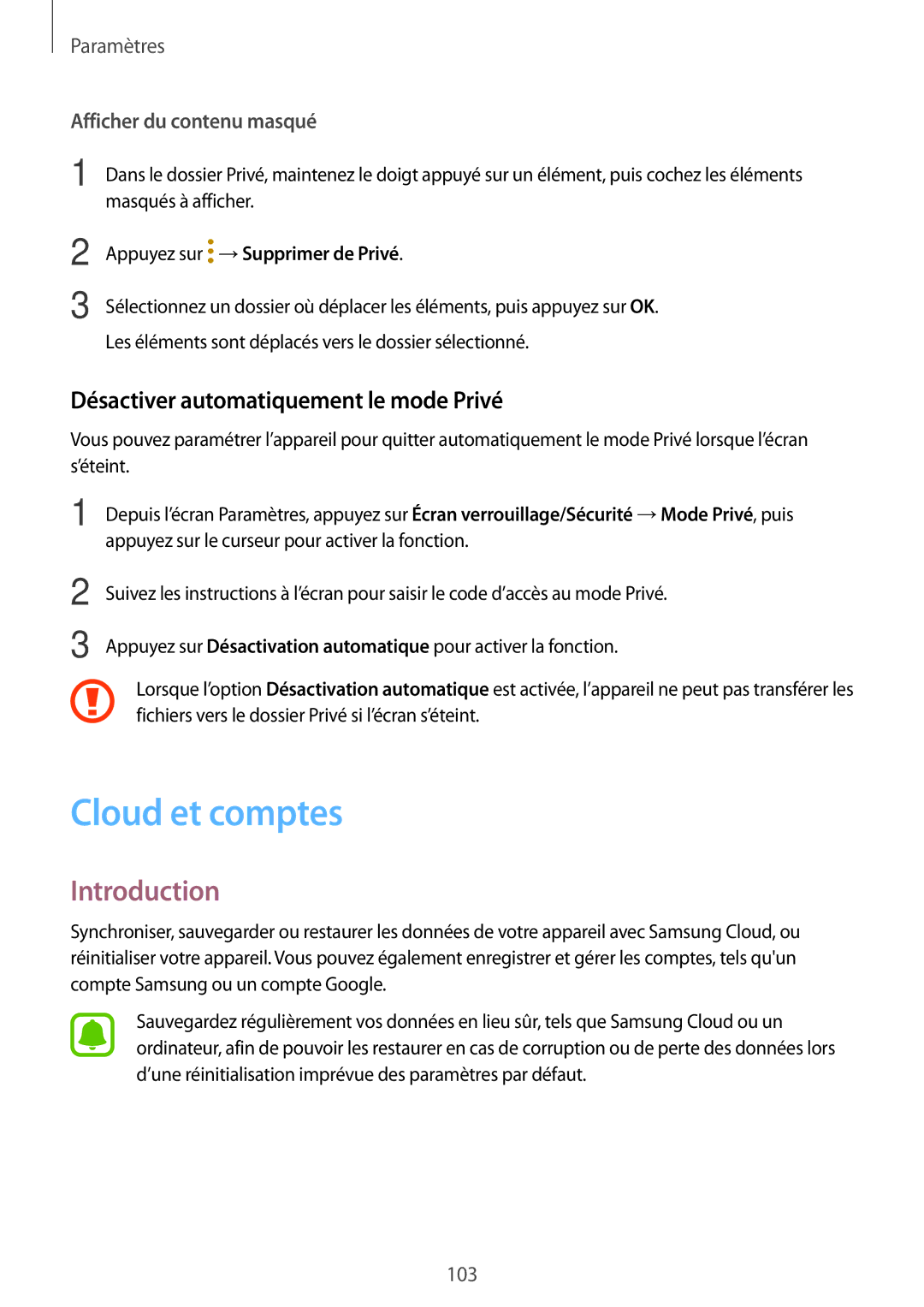 Samsung SM-T710NZWEXEF, SM-T810NZDEXEF, SM-T810NZKEXEF manual Cloud et comptes, Désactiver automatiquement le mode Privé 