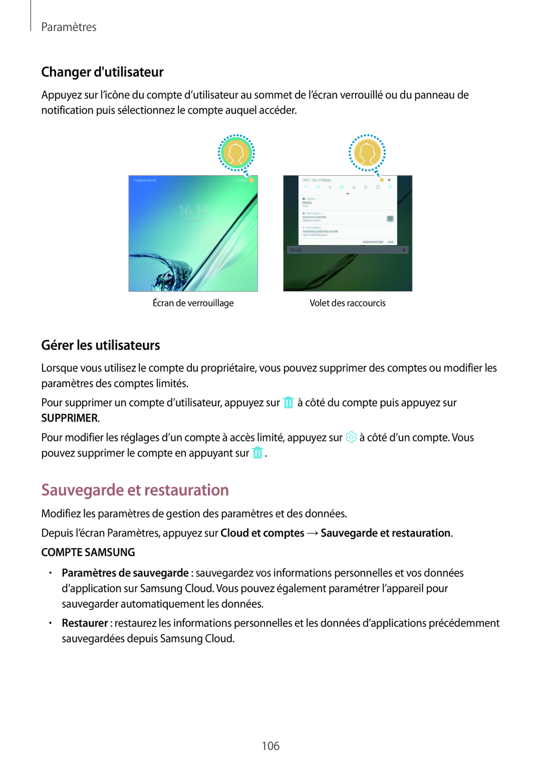 Samsung SM-T810NZWFXEF, SM-T810NZDEXEF manual Sauvegarde et restauration, Changer dutilisateur, Gérer les utilisateurs 