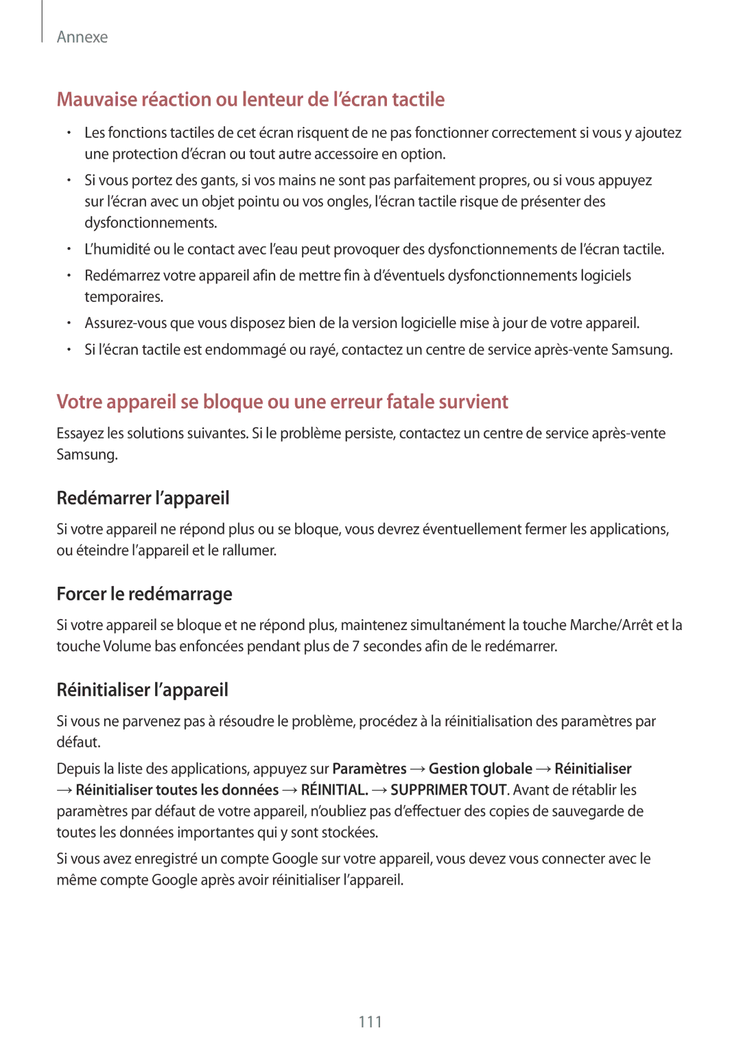 Samsung SM-T810NZWEXEF, SM-T810NZDEXEF, SM-T710NZWEXEF, SM-T810NZKEXEF manual Forcer le redémarrage, Réinitialiser l’appareil 