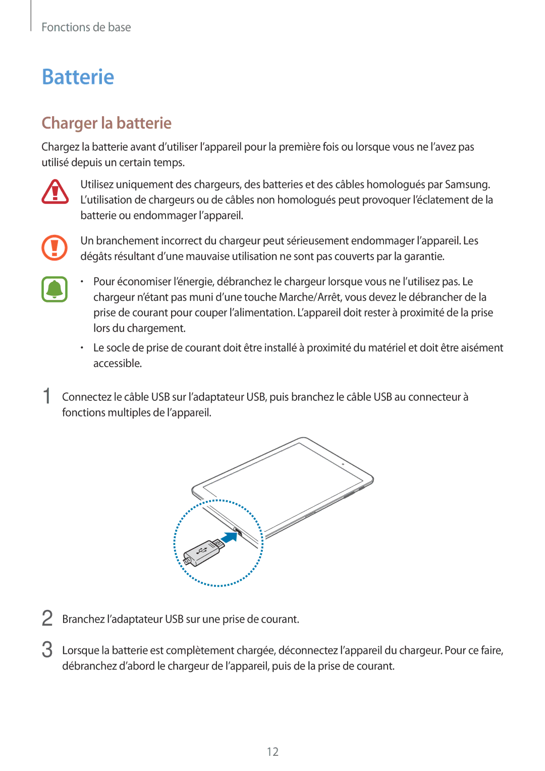 Samsung SM-T810NZDEXEF, SM-T710NZWEXEF, SM-T810NZKEXEF, SM-T810NZWEXEF, SM-T810NZWFXEF manual Batterie, Charger la batterie 