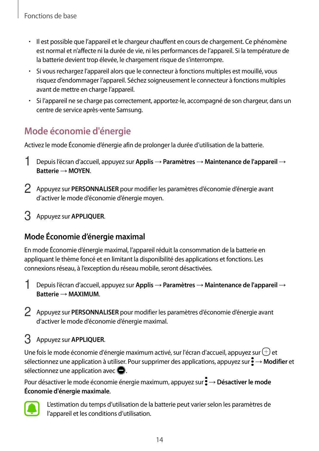 Samsung SM-T810NZKEXEF, SM-T810NZDEXEF, SM-T710NZWEXEF manual Mode économie dénergie, Mode Économie d’énergie maximal 