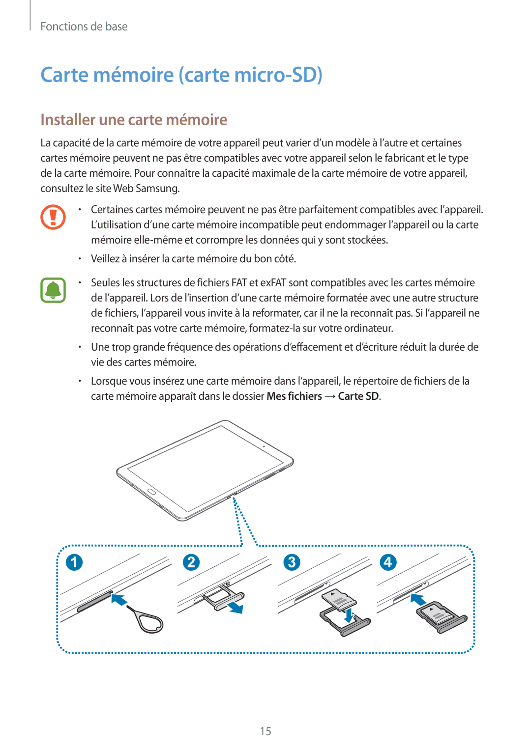 Samsung SM-T810NZWEXEF, SM-T810NZDEXEF, SM-T710NZWEXEF manual Carte mémoire carte micro-SD, Installer une carte mémoire 