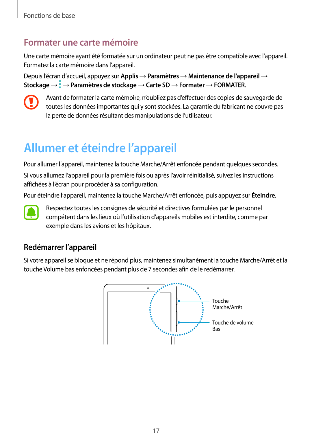 Samsung SM-T710NZKEXEF, SM-T810NZDEXEF Allumer et éteindre l’appareil, Formater une carte mémoire, Redémarrer l’appareil 