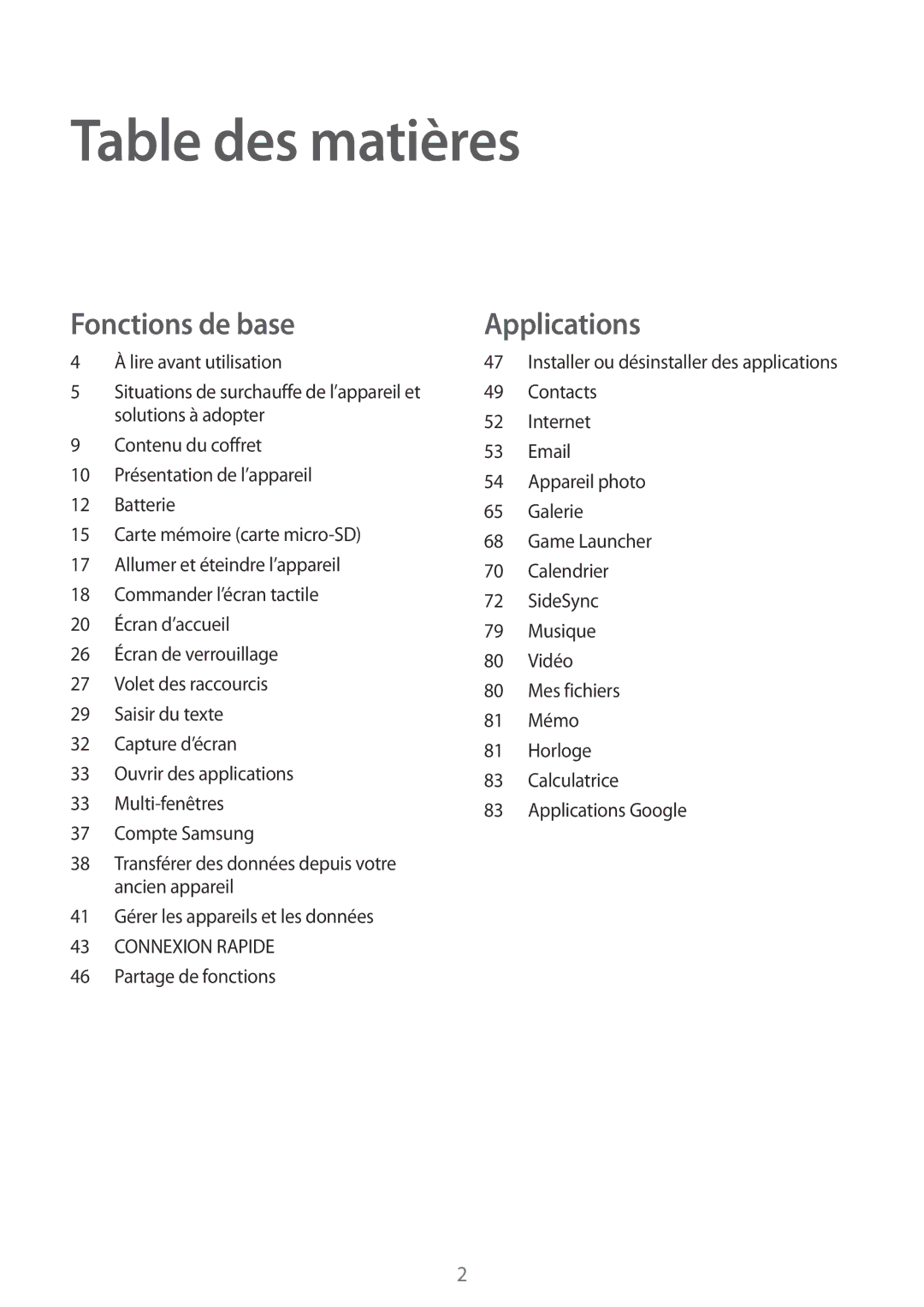 Samsung SM-T810NZKEXEF, SM-T810NZDEXEF, SM-T710NZWEXEF, SM-T810NZWEXEF, SM-T810NZWFXEF, SM-T710NZKEXEF manual Table des matières 