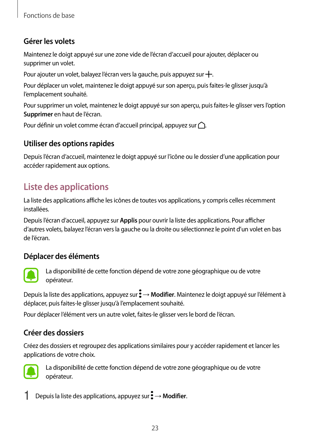 Samsung SM-T710NZKEXEF, SM-T810NZDEXEF manual Liste des applications, Gérer les volets, Utiliser des options rapides 