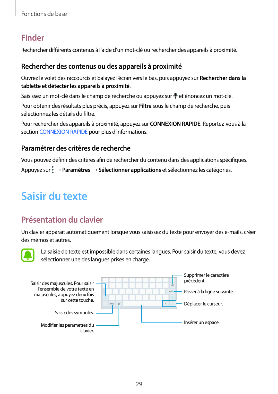 Samsung SM-T710NZKEXEF manual Saisir du texte, Finder, Présentation du clavier, Paramétrer des critères de recherche 