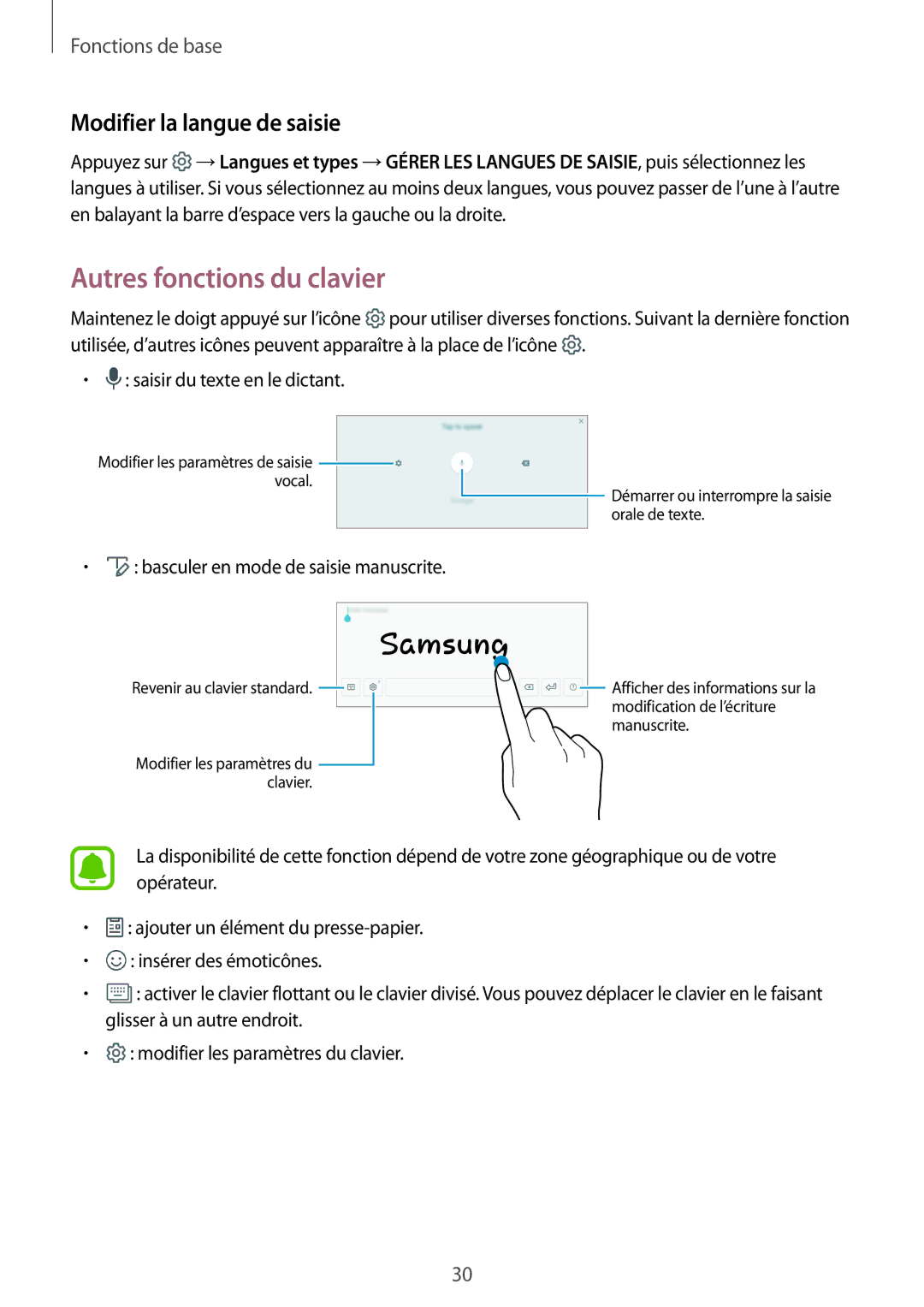 Samsung SM-T810NZDEXEF, SM-T710NZWEXEF, SM-T810NZKEXEF manual Autres fonctions du clavier, Modifier la langue de saisie 