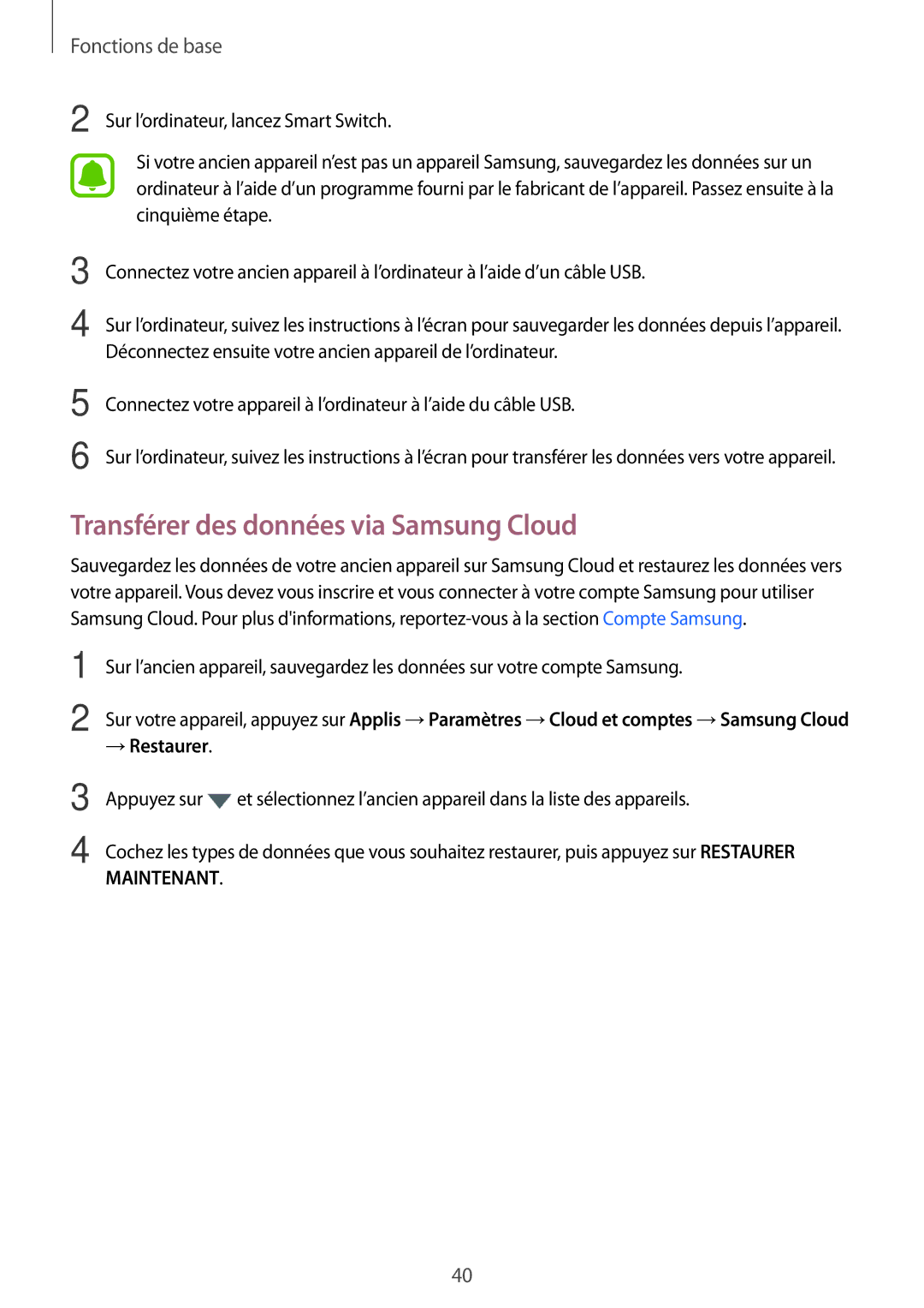 Samsung SM-T810NZWFXEF, SM-T810NZDEXEF, SM-T710NZWEXEF, SM-T810NZKEXEF manual Transférer des données via Samsung Cloud 