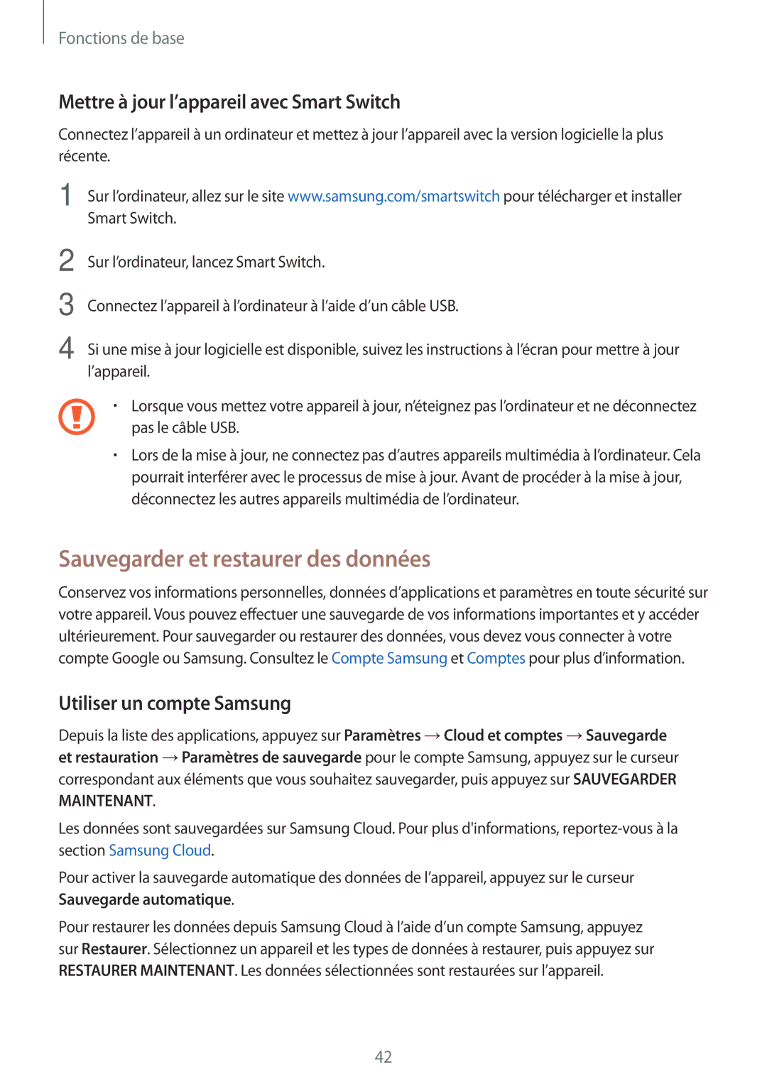 Samsung SM-T810NZDEXEF, SM-T710NZWEXEF Sauvegarder et restaurer des données, Mettre à jour l’appareil avec Smart Switch 