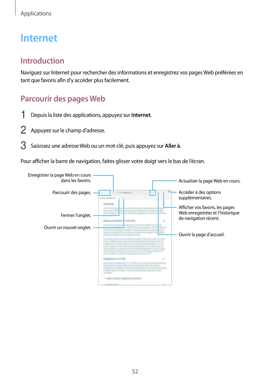Samsung SM-T810NZWFXEF, SM-T810NZDEXEF, SM-T710NZWEXEF, SM-T810NZKEXEF, SM-T810NZWEXEF manual Internet, Parcourir des pages Web 