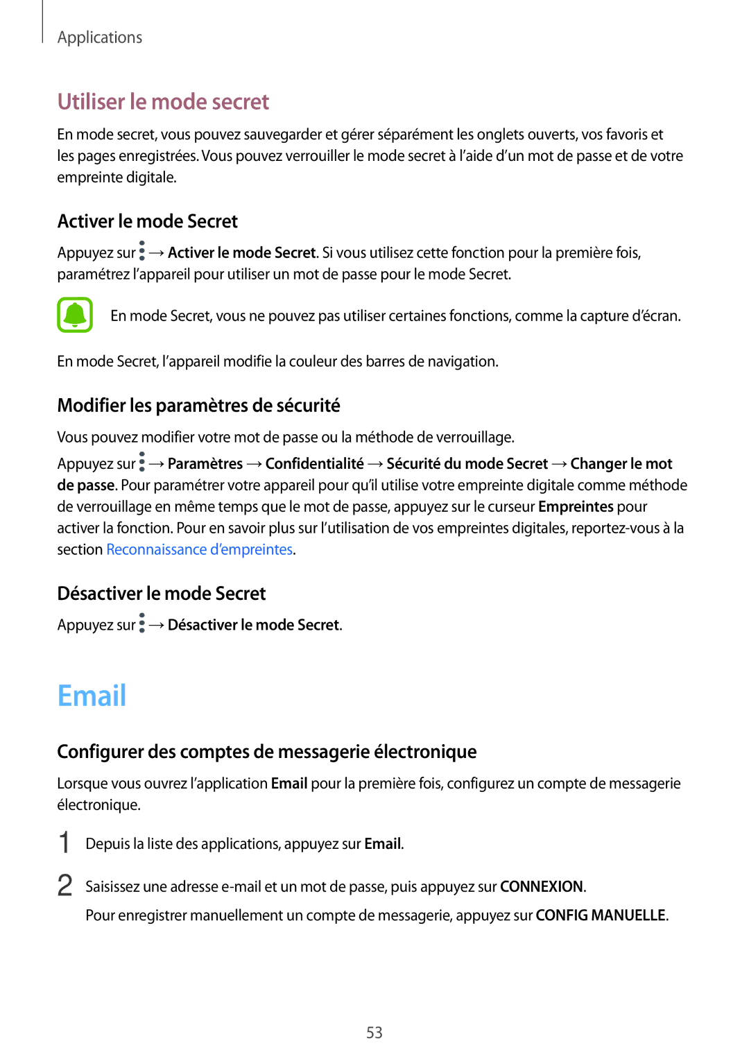 Samsung SM-T710NZKEXEF manual Utiliser le mode secret, Activer le mode Secret, Modifier les paramètres de sécurité 