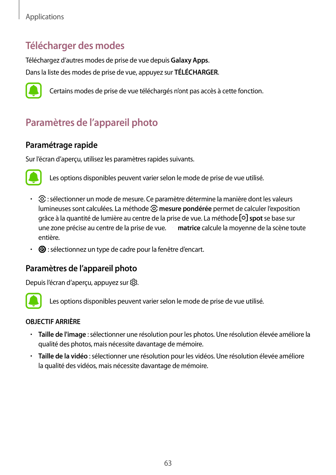 Samsung SM-T810NZWEXEF, SM-T810NZDEXEF manual Télécharger des modes, Paramètres de l’appareil photo, Paramétrage rapide 