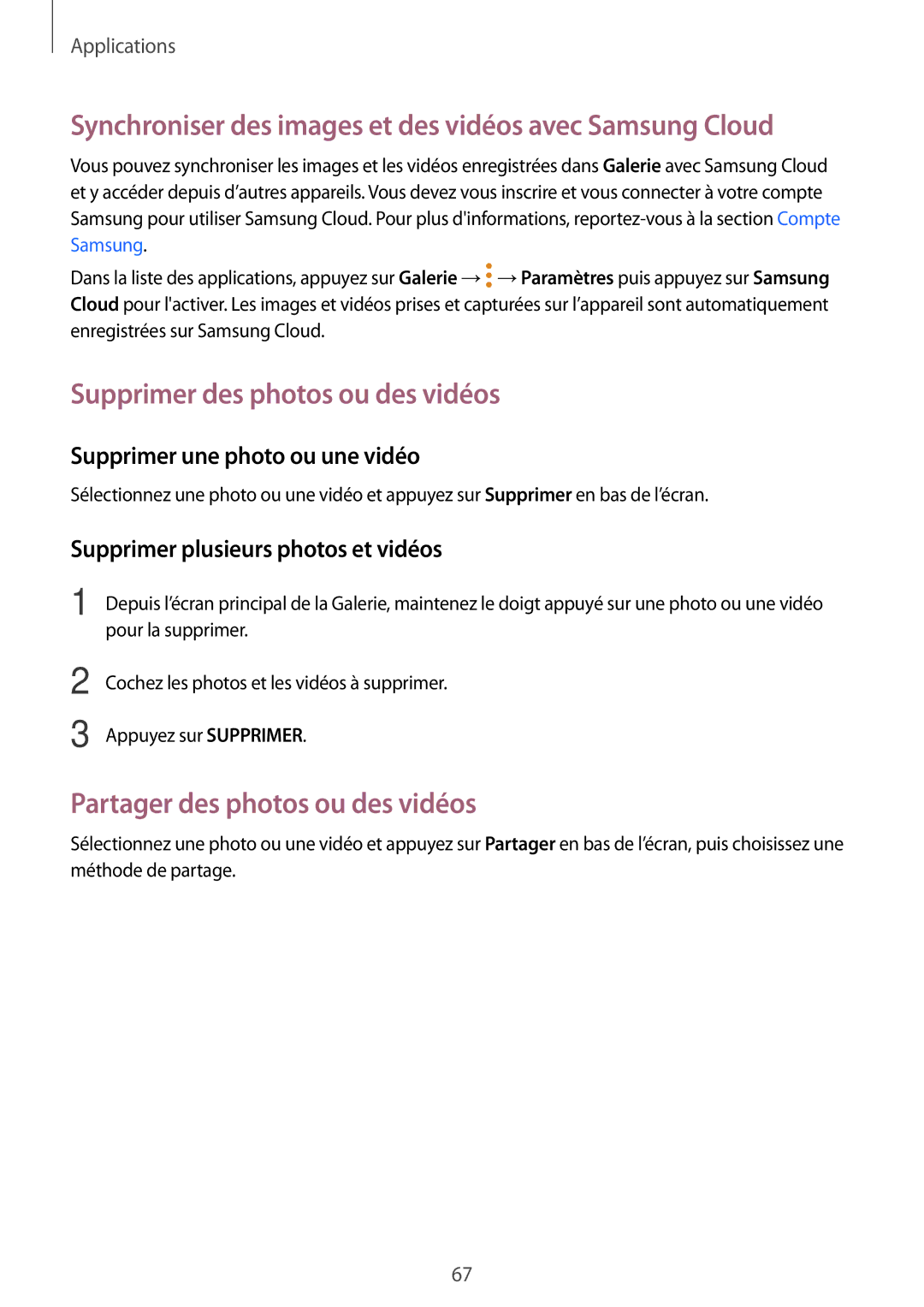 Samsung SM-T710NZWEXEF manual Synchroniser des images et des vidéos avec Samsung Cloud, Supprimer des photos ou des vidéos 