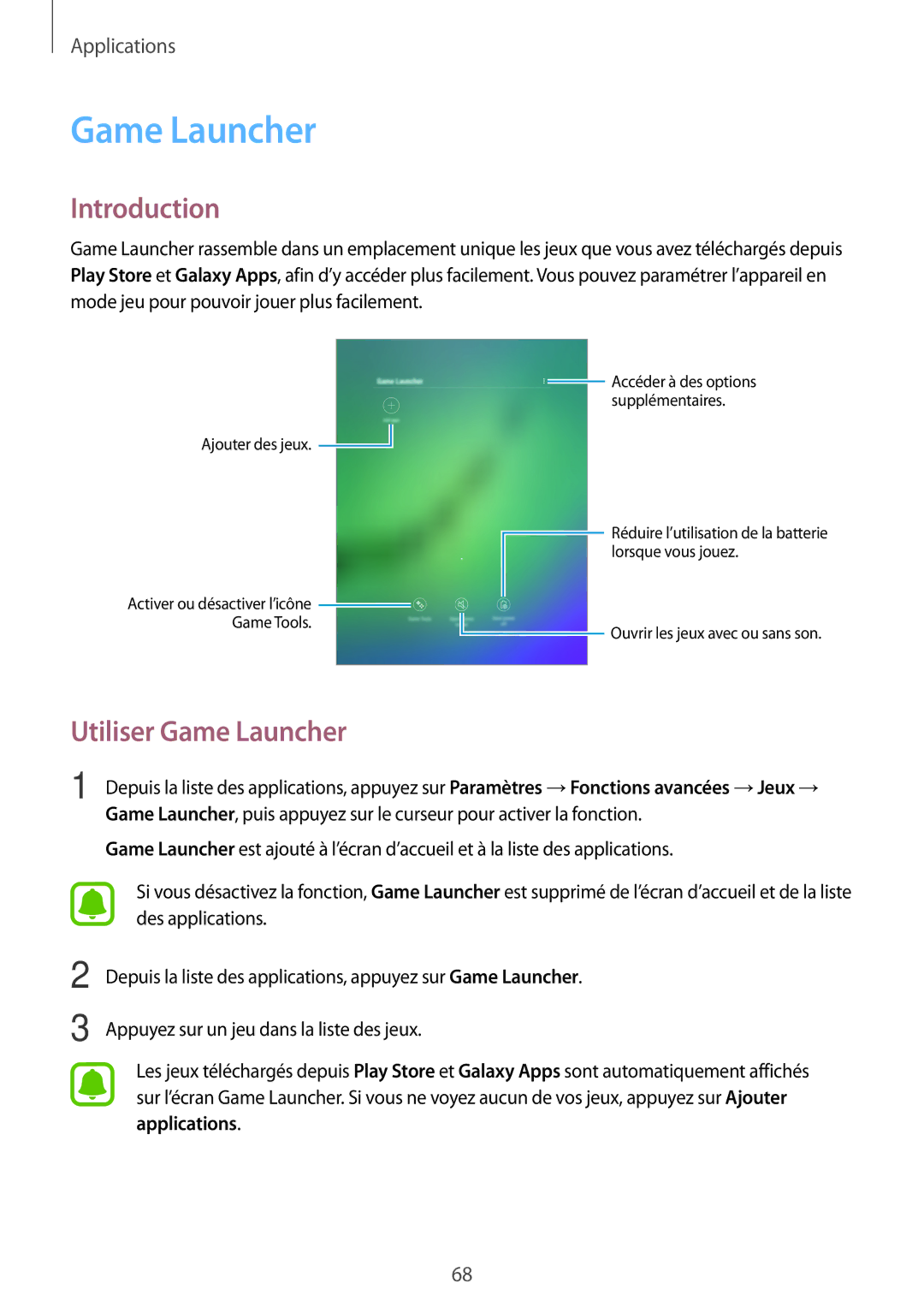 Samsung SM-T810NZKEXEF, SM-T810NZDEXEF, SM-T710NZWEXEF, SM-T810NZWEXEF, SM-T810NZWFXEF manual Utiliser Game Launcher 